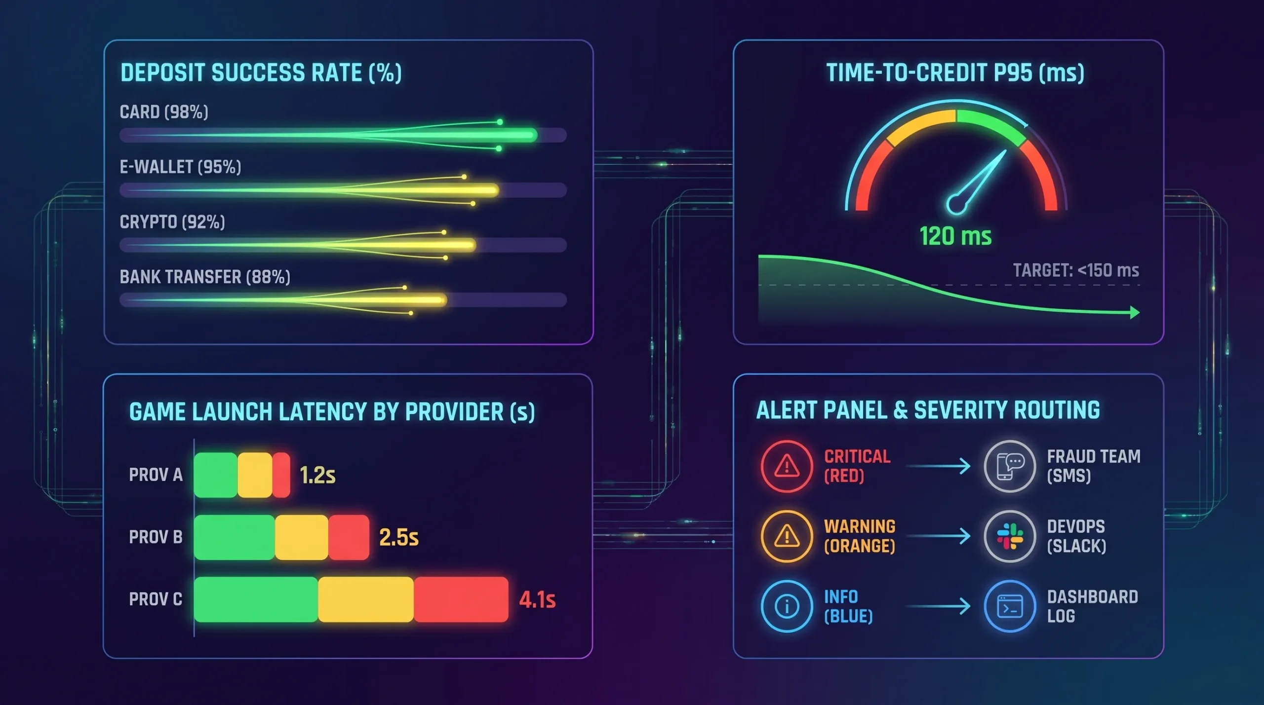 A dashboard-style illustration showing iGaming observability panels: deposit success rate by payment rail, time-to-credit P95, game launch latency by provider, and an alert panel with severity routing. No screens are shown, only abstract charts and labels.