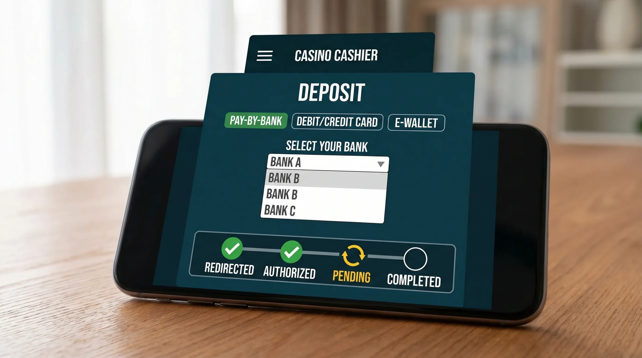 A mobile casino cashier screen mockup showing payment methods including Pay-by-Bank, a bank selection step, and a clear deposit status tracker with states like Redirected, Authorized, Pending, Completed. The phone screen faces forward and contains no real brand logos.
