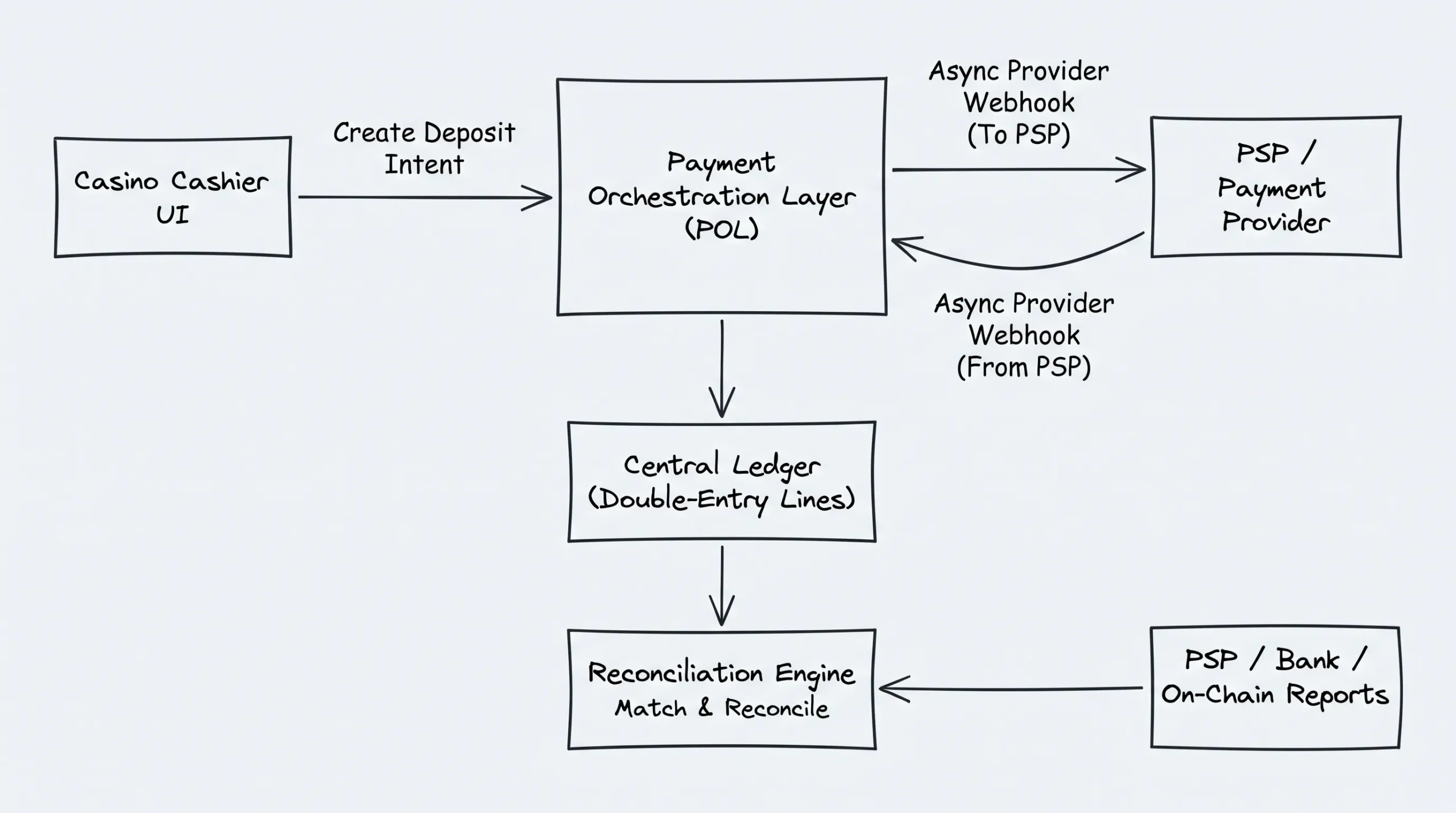 A simple architecture diagram showing a casino cashier UI creating a deposit intent, sending it to a payment orchestration layer, receiving asynchronous provider webhooks, and then posting double-entry lines into a central ledger, with reconciliation matching against PSP/bank/on-chain reports.