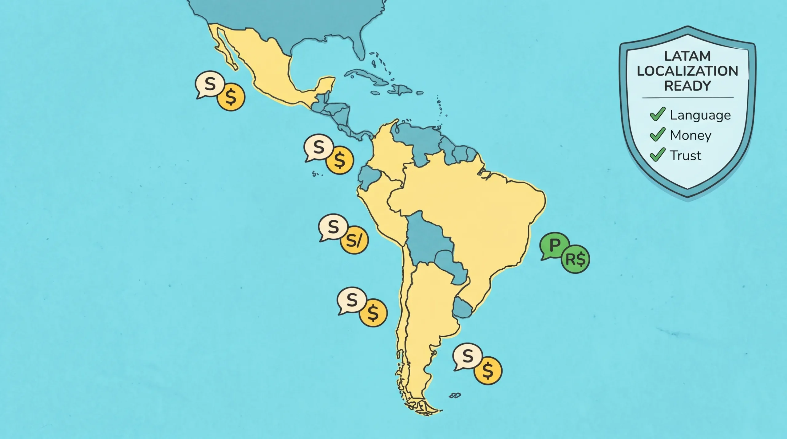 A simple LATAM localization map showing key countries (Brazil, Mexico, Colombia, Chile, Peru, Argentina) with icons for language (Spanish/Portuguese), currency symbols, and a three-part checklist badge for Language, Money, Trust.