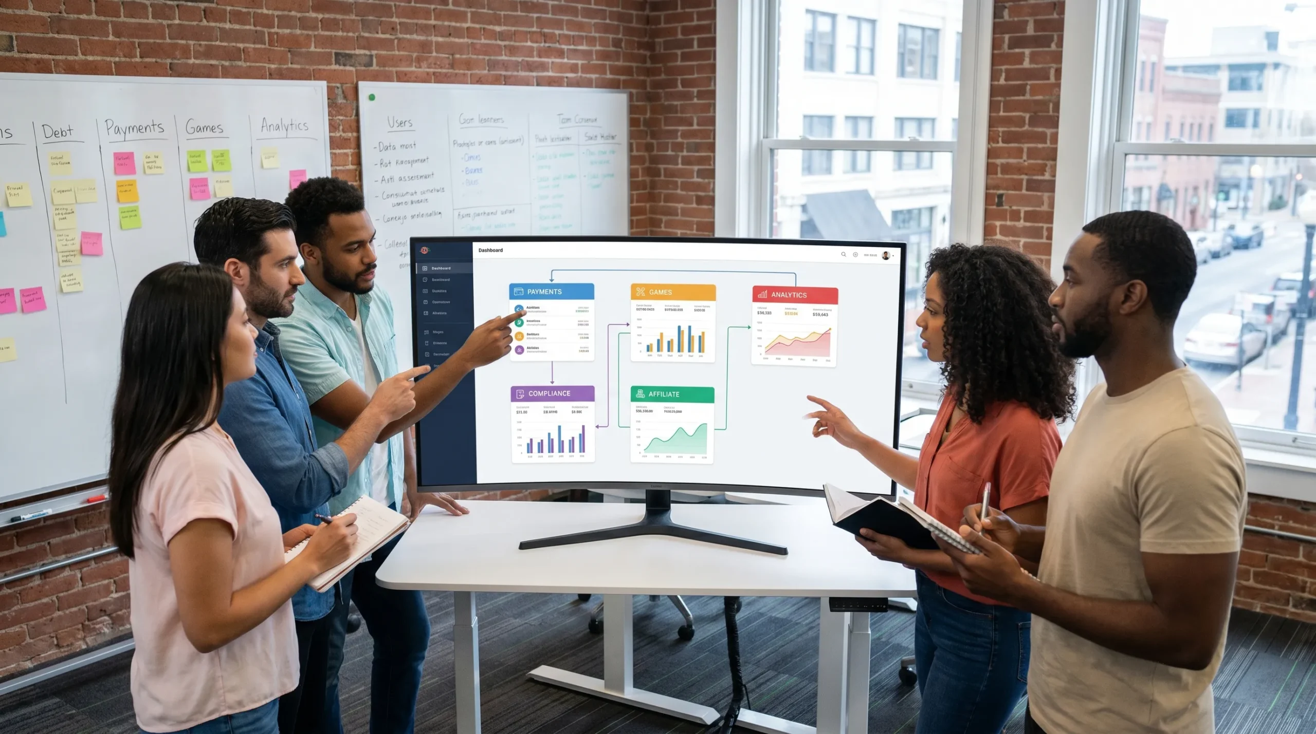 A startup casino operations team reviewing a modular white label casino platform dashboard with payments, games, analytics, compliance, and affiliate modules represented as connected blocks.