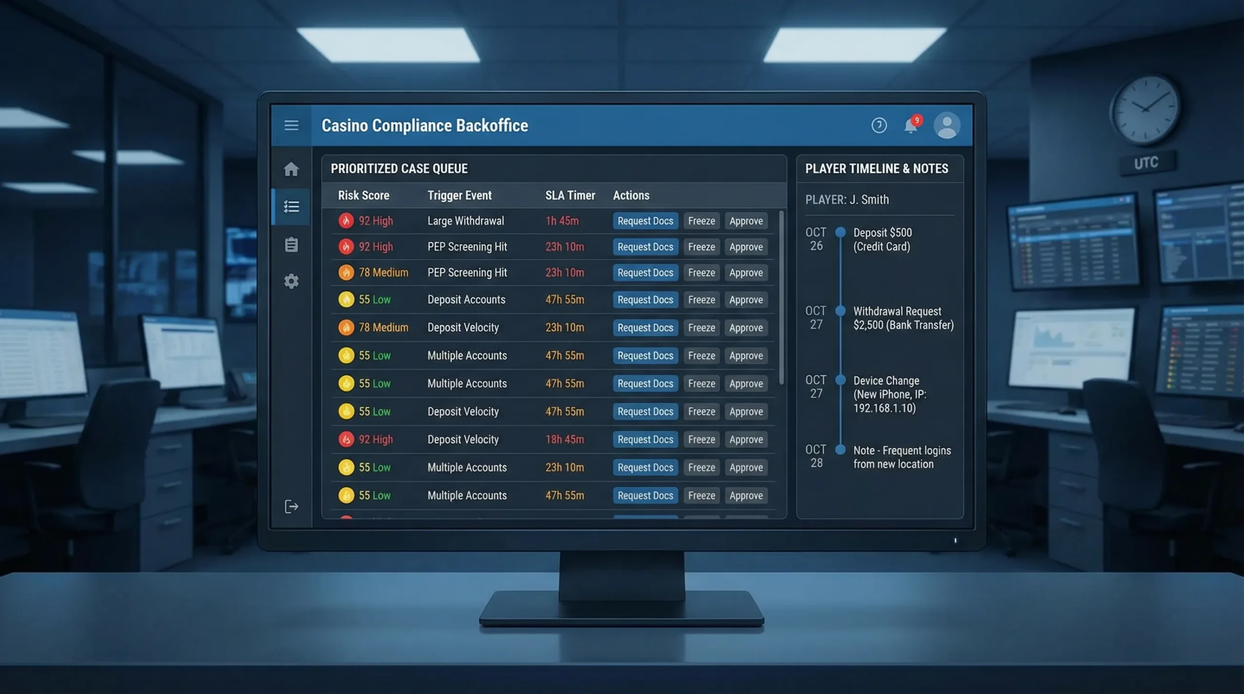 An illustration of a casino compliance backoffice showing a prioritized case queue with columns for Risk score, Trigger event (withdrawal, screening hit, velocity), SLA timer, and Actions (request documents, freeze, approve). A side panel shows a player timeline with deposits, withdrawals, device changes, and notes.