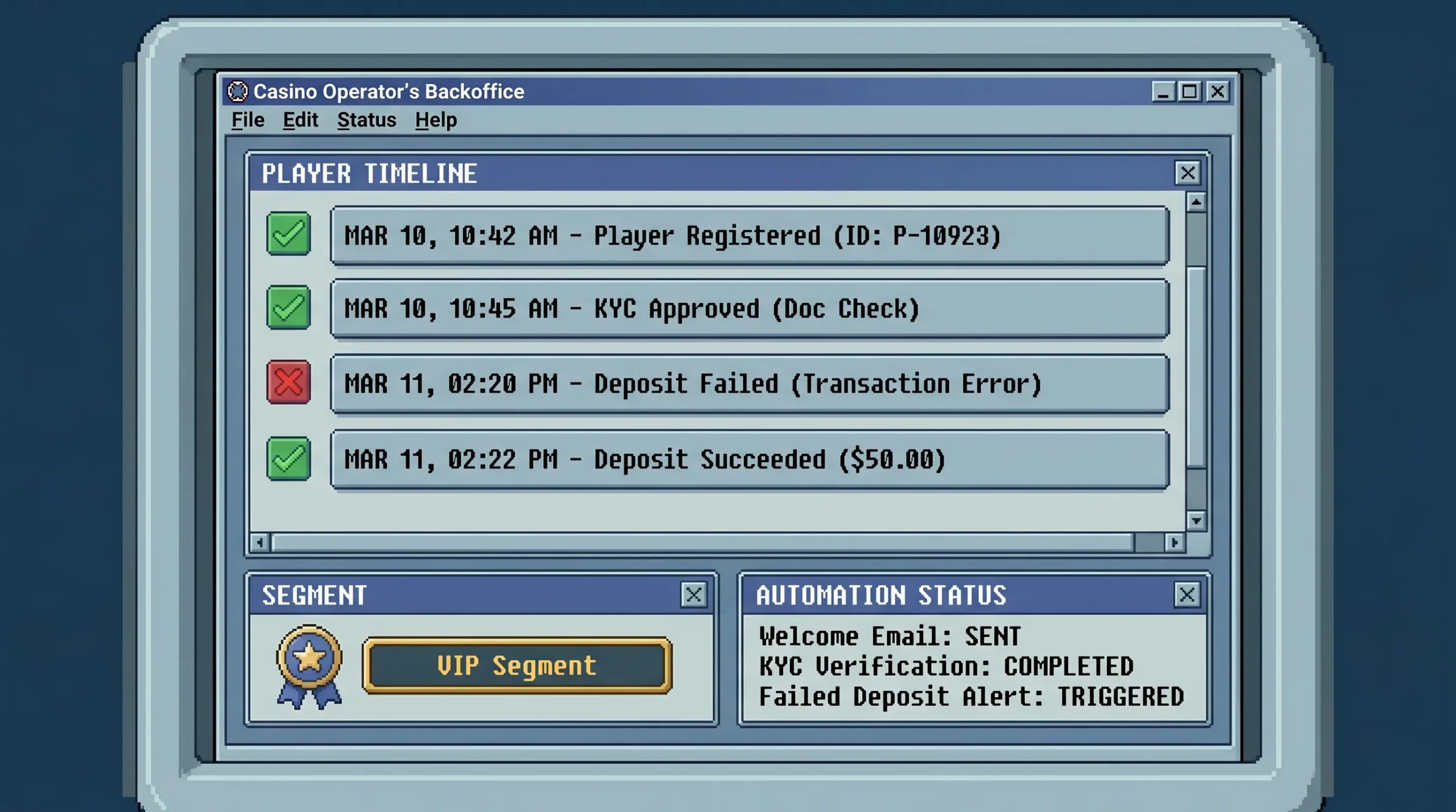 Screenshot-style illustration of a casino operator backoffice showing a player timeline with key events (registration, KYC approved, deposit failed, deposit succeeded), a segment badge, and an automation status panel.