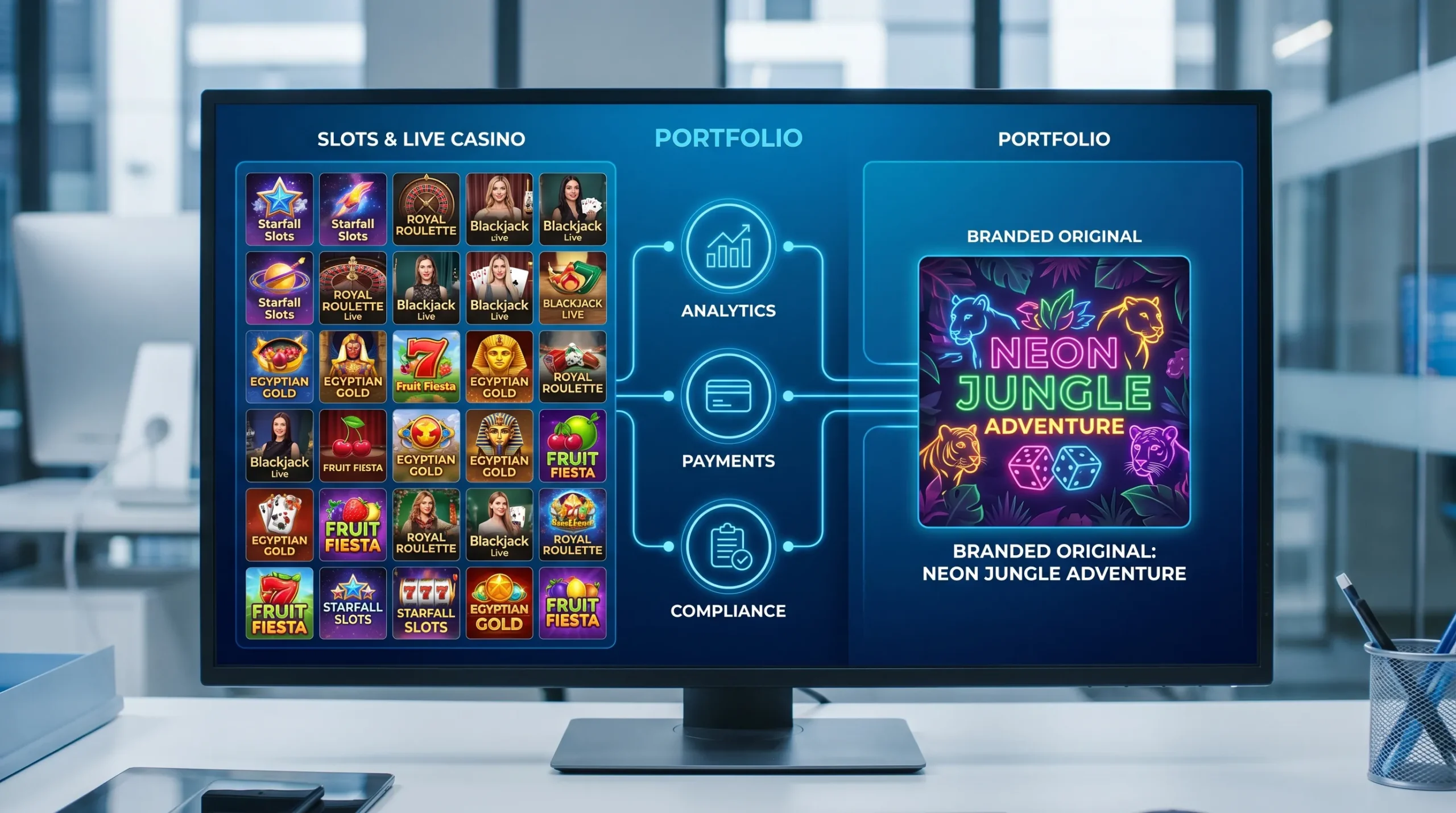 A casino content portfolio concept showing a large catalog of familiar slot and live casino tiles on one side, a branded original casino game tile on the other side, and shared analytics, payments, and compliance icons connecting both content types.