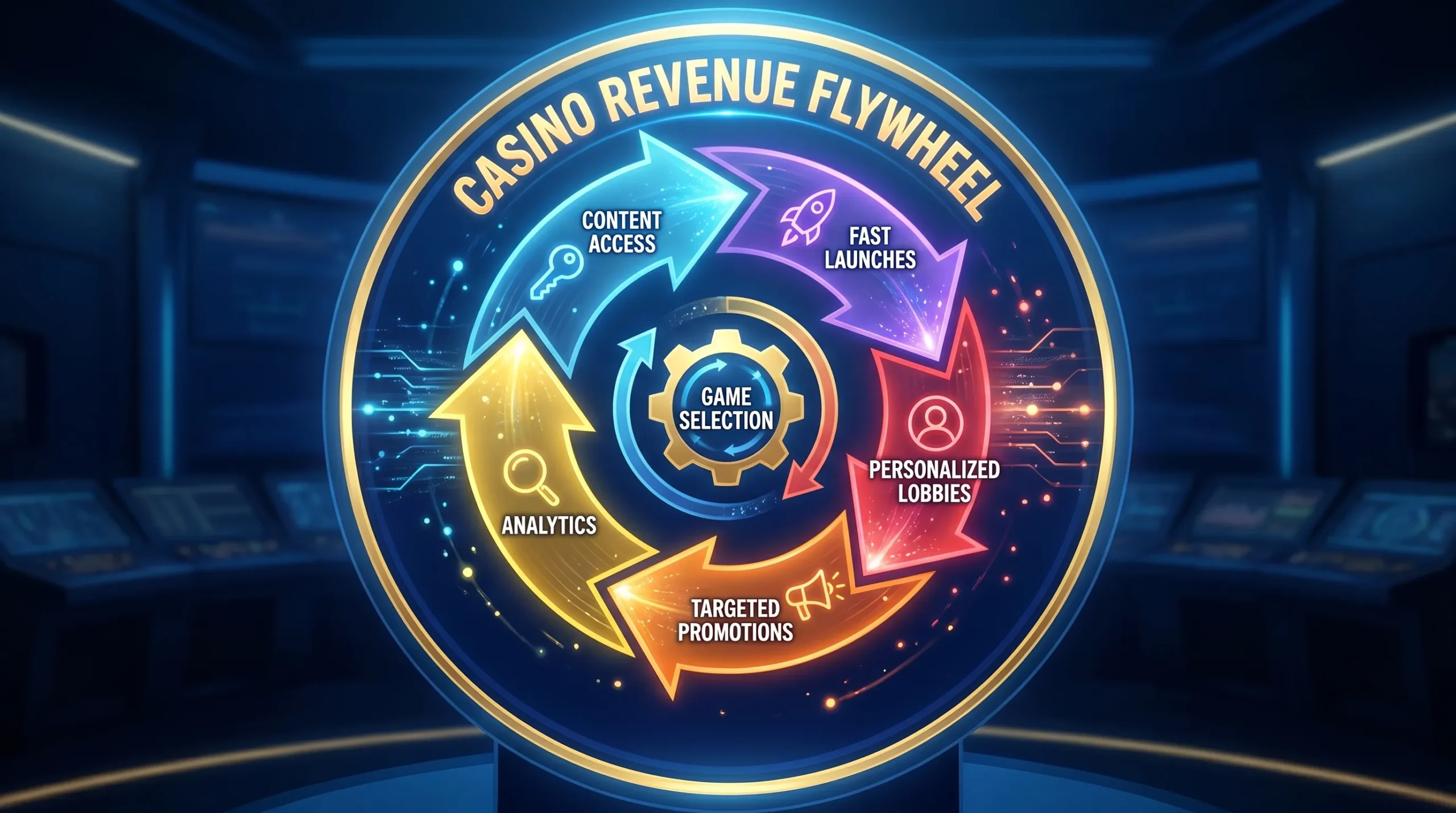 A casino revenue flywheel showing content access, fast launches, personalized lobbies, targeted promotions, and analytics feeding back into game selection.