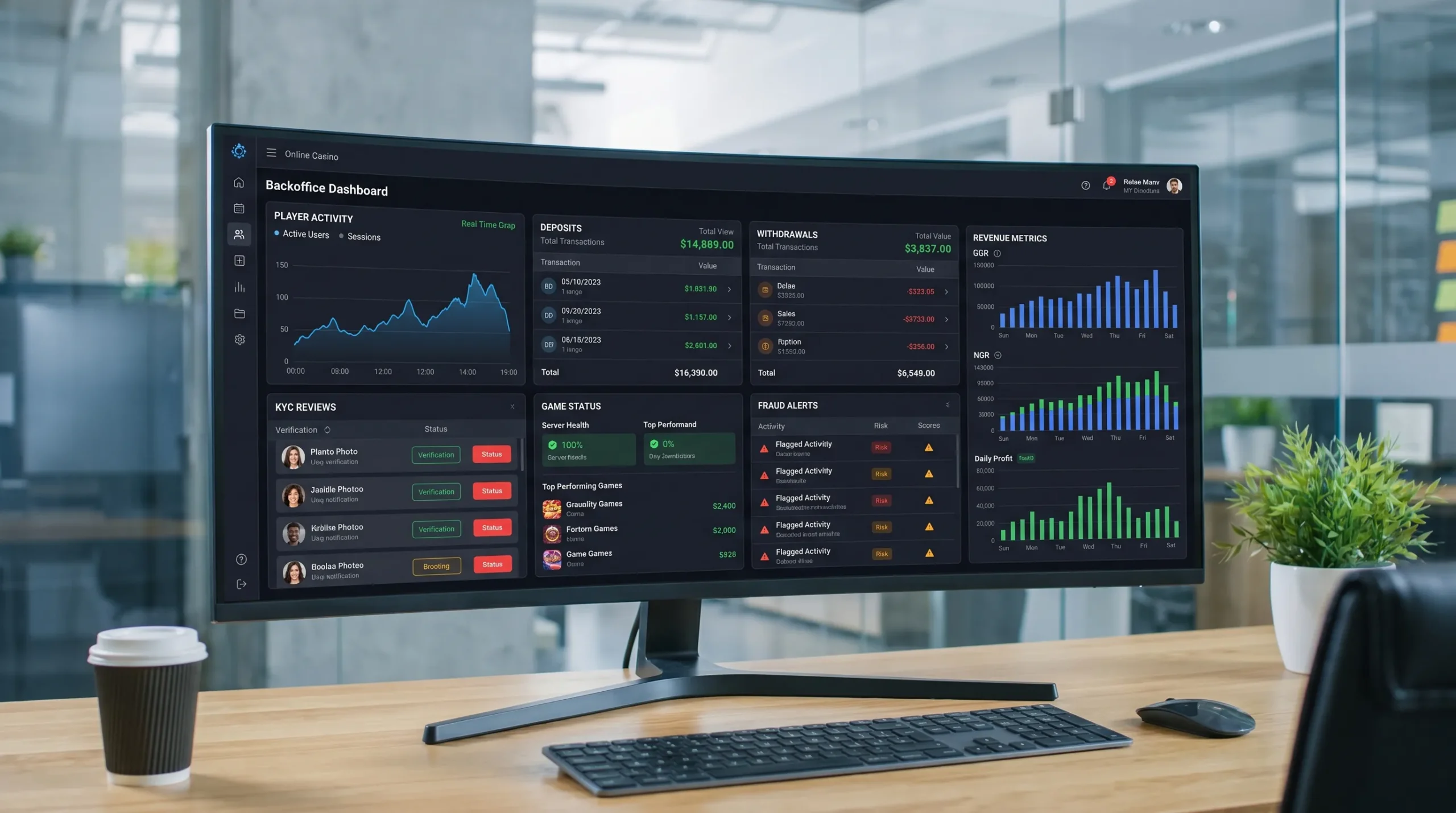 A clean online casino backoffice dashboard on a large monitor, with correctly oriented panels for player activity, deposits, withdrawals, KYC reviews, game status, fraud alerts, and revenue metrics.