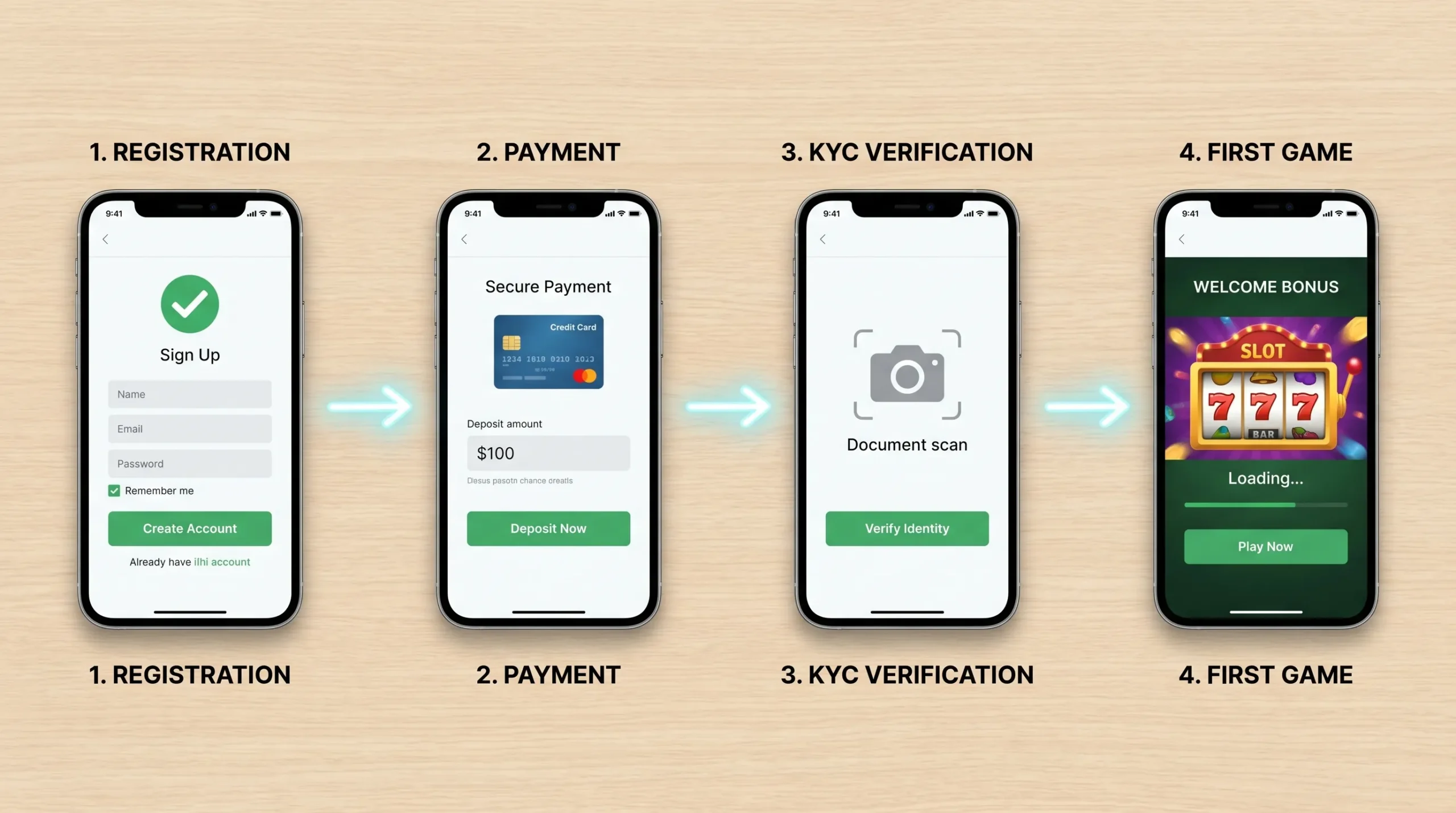 A mobile-first online casino journey showing a player moving through registration, payment, KYC verification, and first game launch on a smartphone, with each step represented as a clean conversion checkpoint.