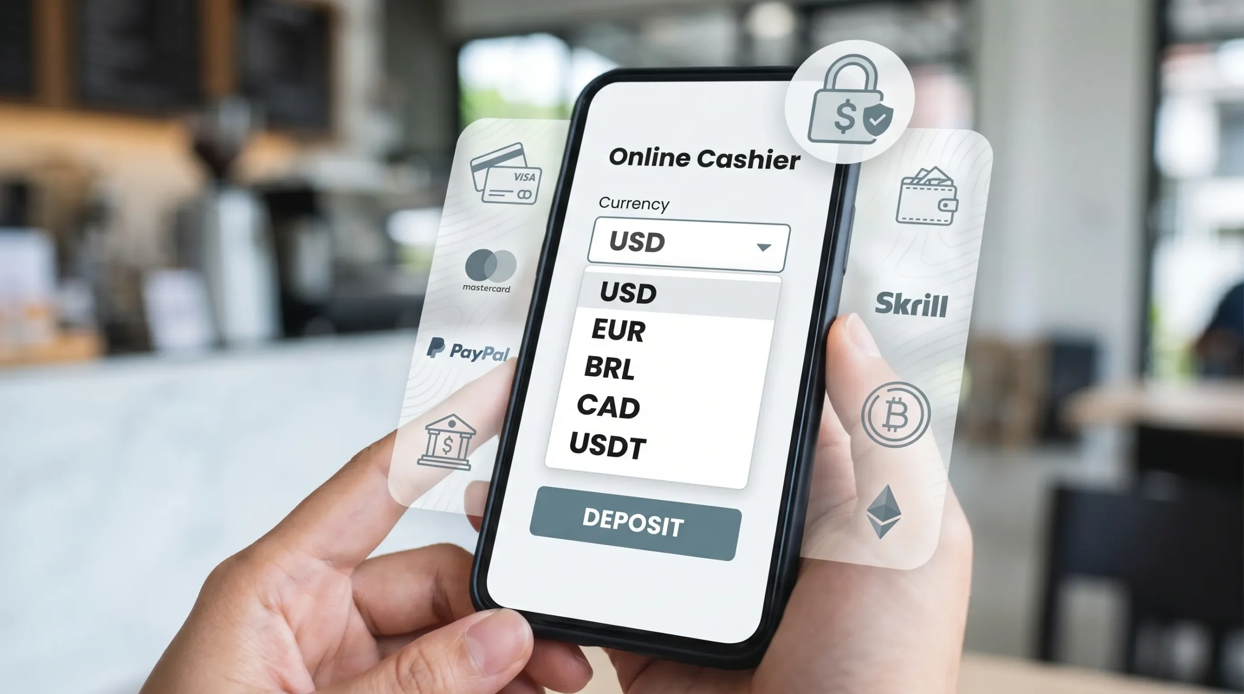 A mobile online casino cashier screen facing the viewer with a clean currency selector showing USD, EUR, BRL, CAD, and USDT, surrounded by subtle global payment icons and a secure wallet symbol.