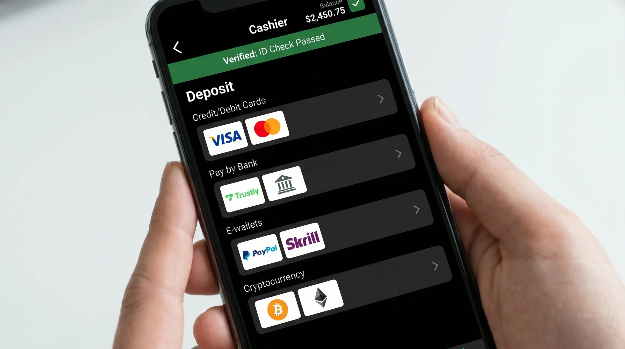 A mobile online casino cashier showing several payment options, including cards, pay-by-bank, e-wallets, and crypto, with a secure wallet balance and verification status visible.