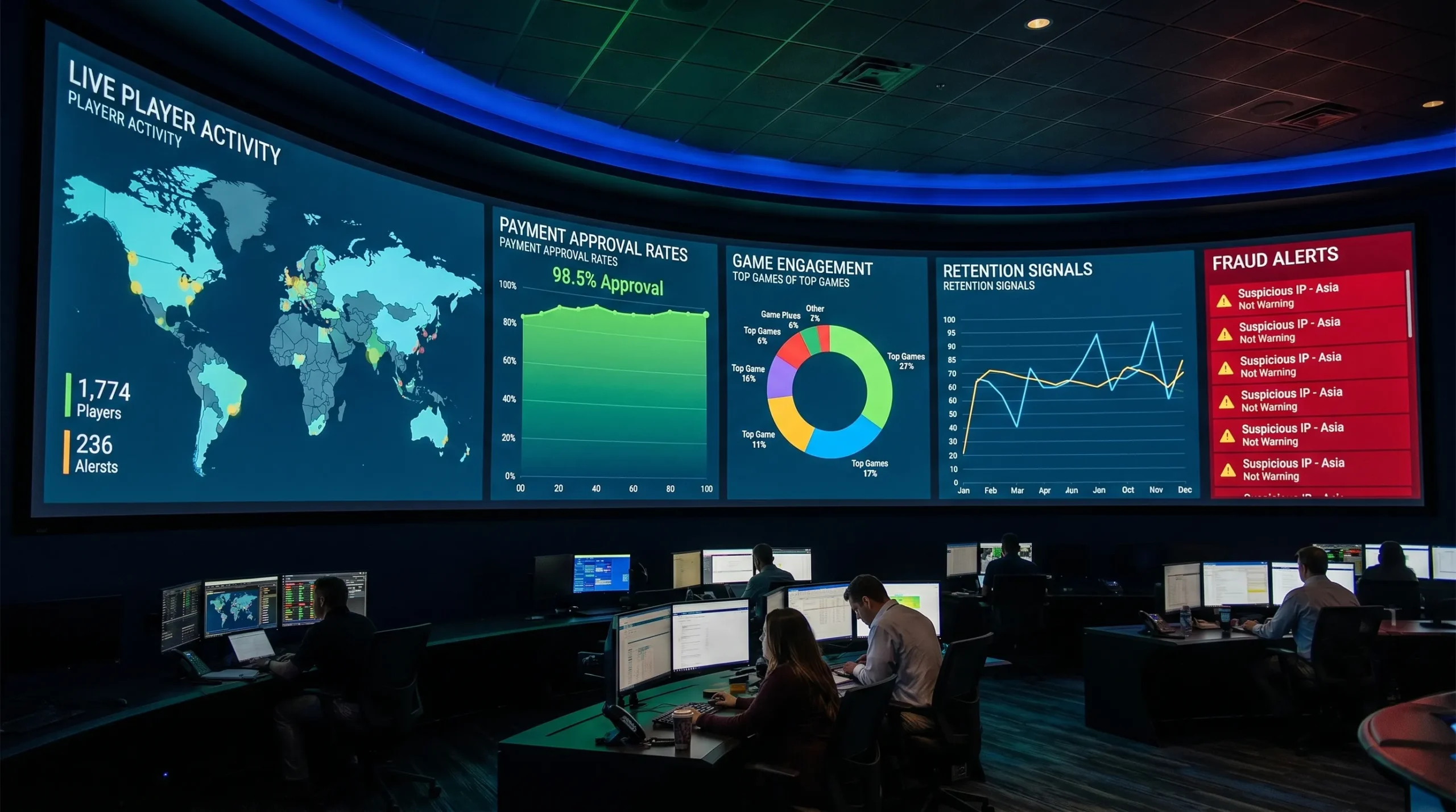 A real-time casino analytics dashboard showing live player activity, payment approval rates, game engagement, retention signals, and fraud alerts across multiple regions.