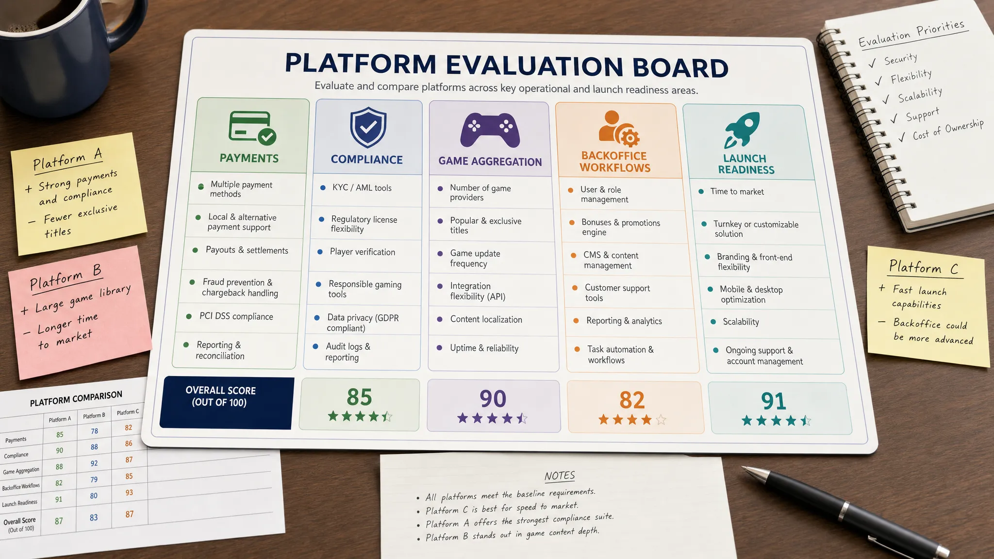 A close-up scene showing a platform evaluation board with sections for payments, compliance, game aggregation, backoffice workflows, and launch readiness, surrounded by a few comparison notes on a desk surface.