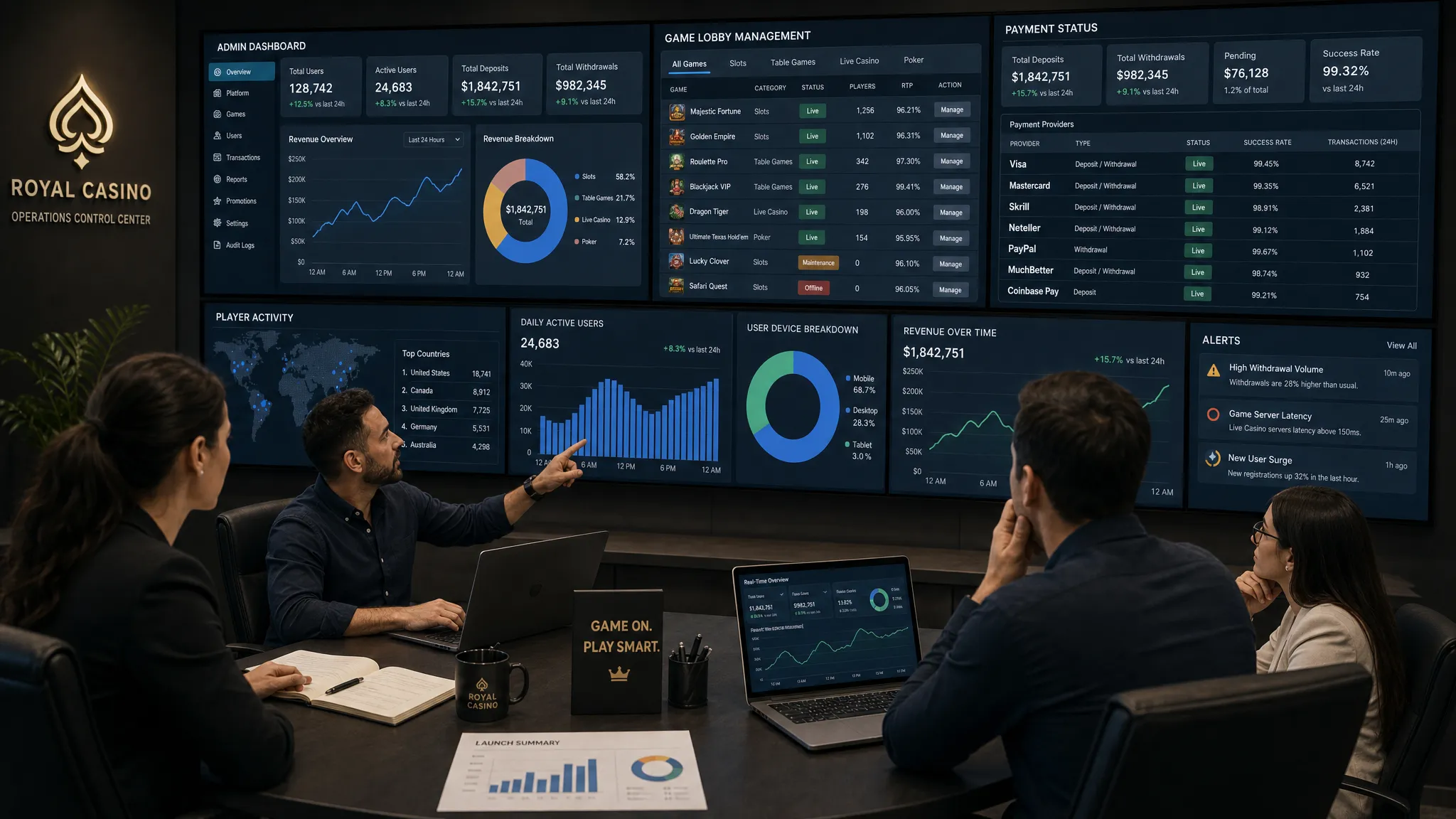 A compact casino operations control room with a clean admin dashboard on multiple screens, game lobby management panels, payment status panels, and analytics charts, with a small team reviewing launch metrics together at the table.