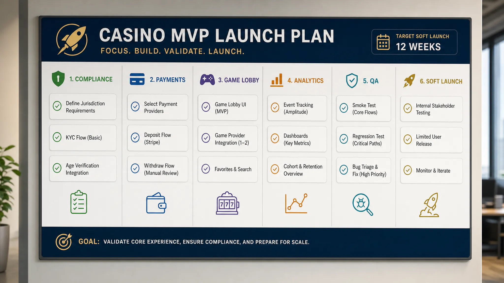 A focused casino MVP launch board with columns for compliance, payments, game lobby, analytics, QA, and soft launch, shown as a neat wall board in an office with only the essential tasks highlighted.