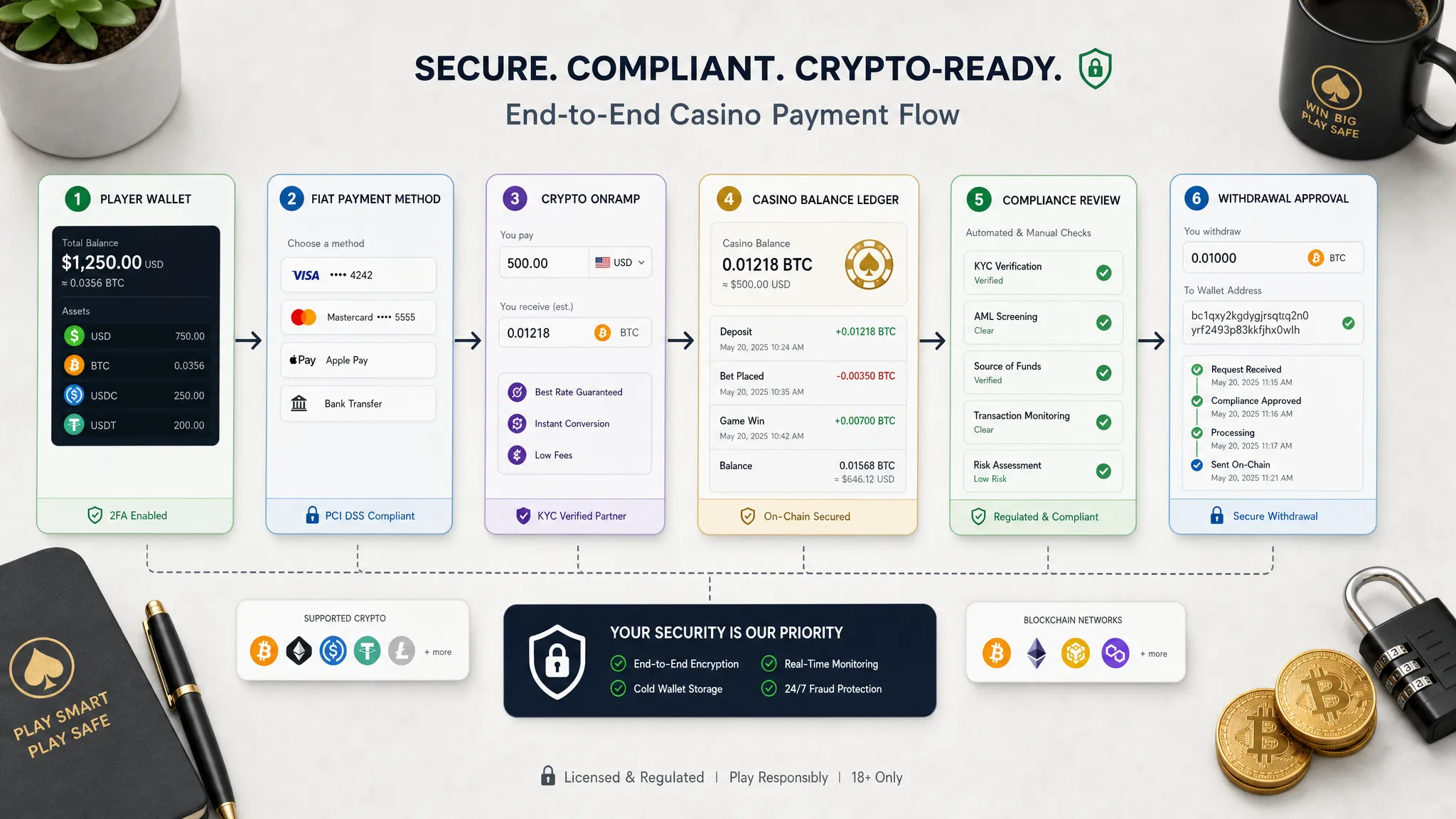 A secure crypto-ready casino payment flow shown as a connected system map on a clean desktop surface, with a player wallet, fiat payment method, crypto onramp, casino balance ledger, compliance review cards, and withdrawal approval steps arranged in sequence.