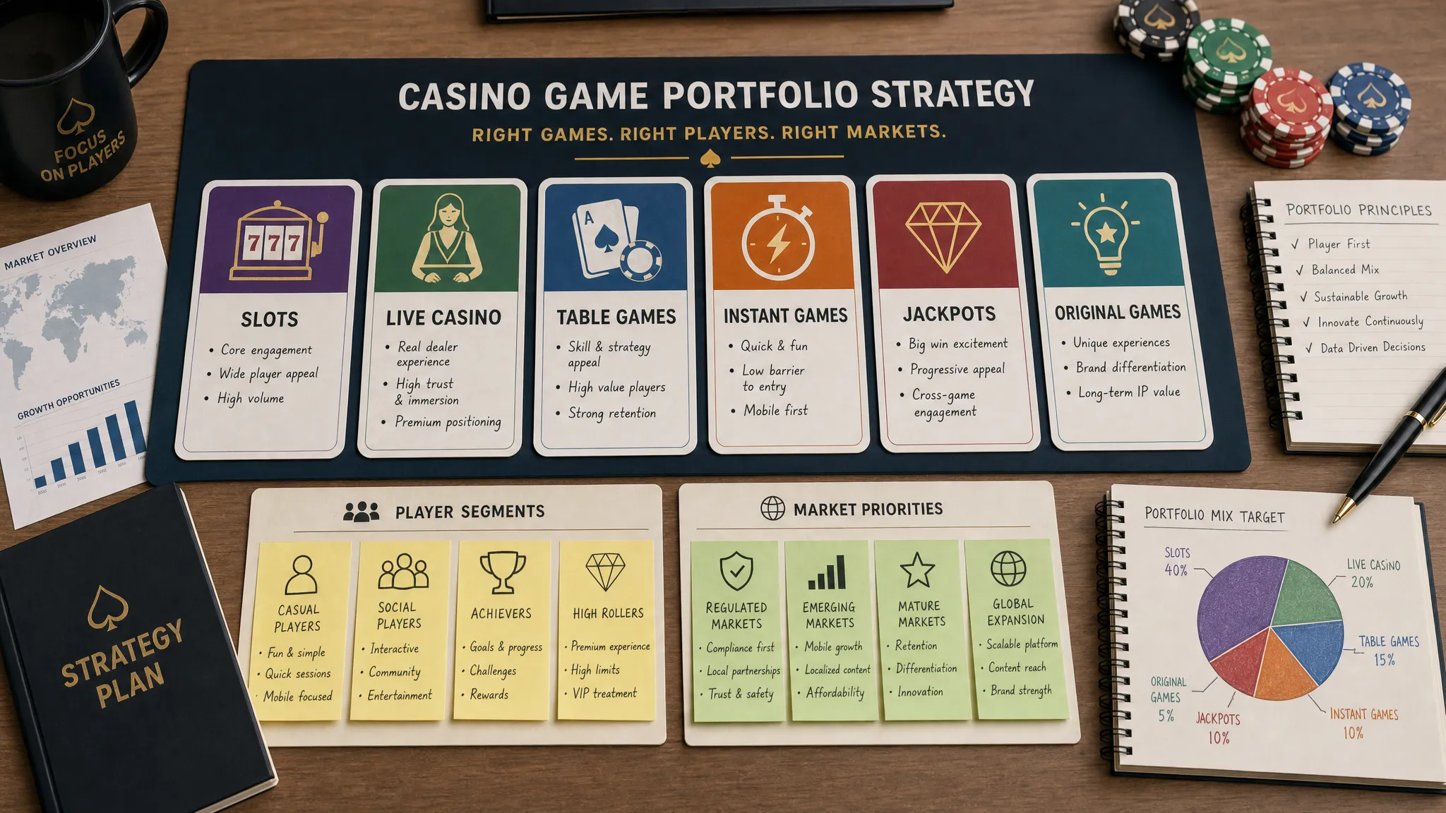 A strategic casino game portfolio workspace with cards labeled slots, live casino, table games, instant games, jackpots, and original games arranged around player segment notes and market priorities.