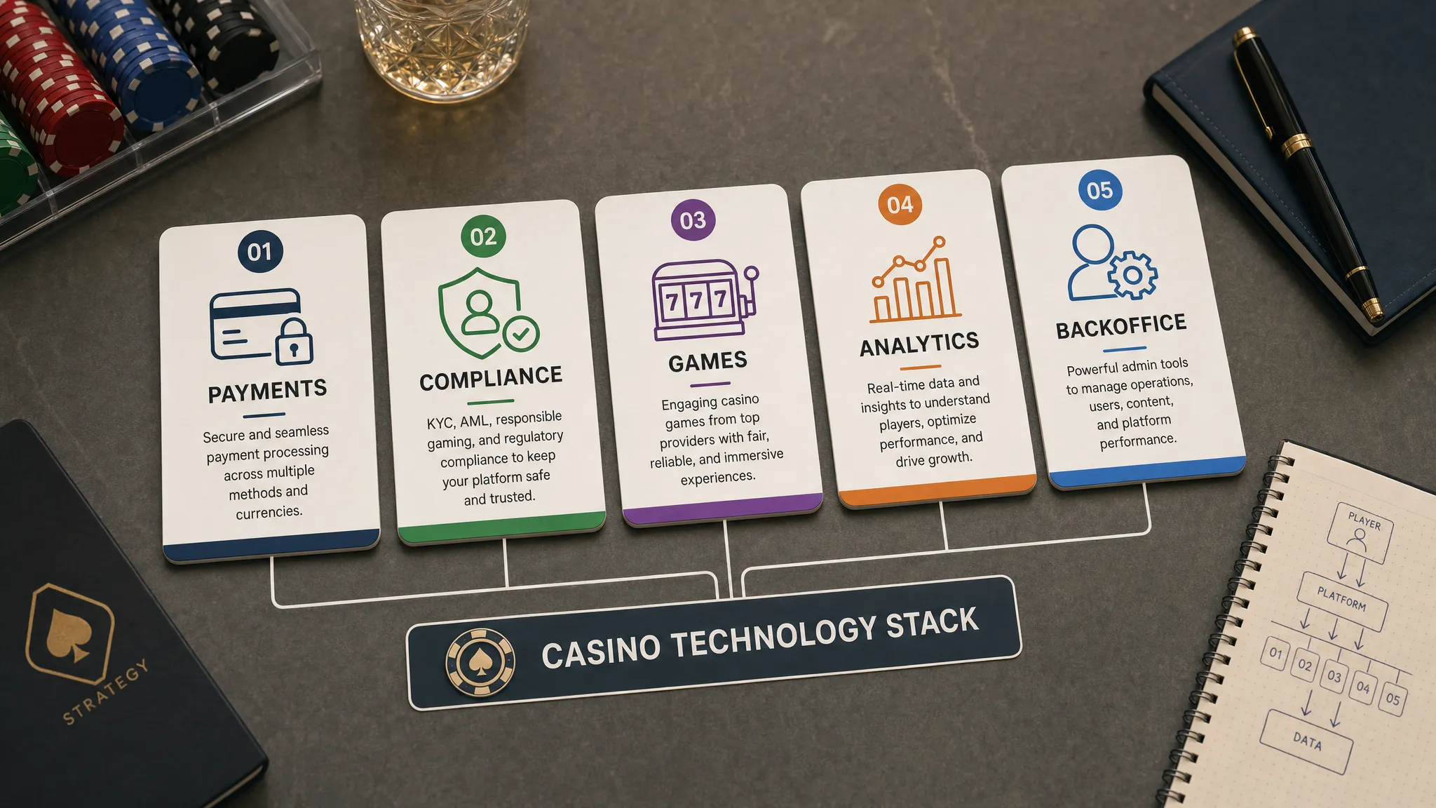 A tabletop planning scene with five labeled cards for payments, compliance, games, analytics, and backoffice connected as a casino technology stack, arranged in a diagonal layout on an open surface.