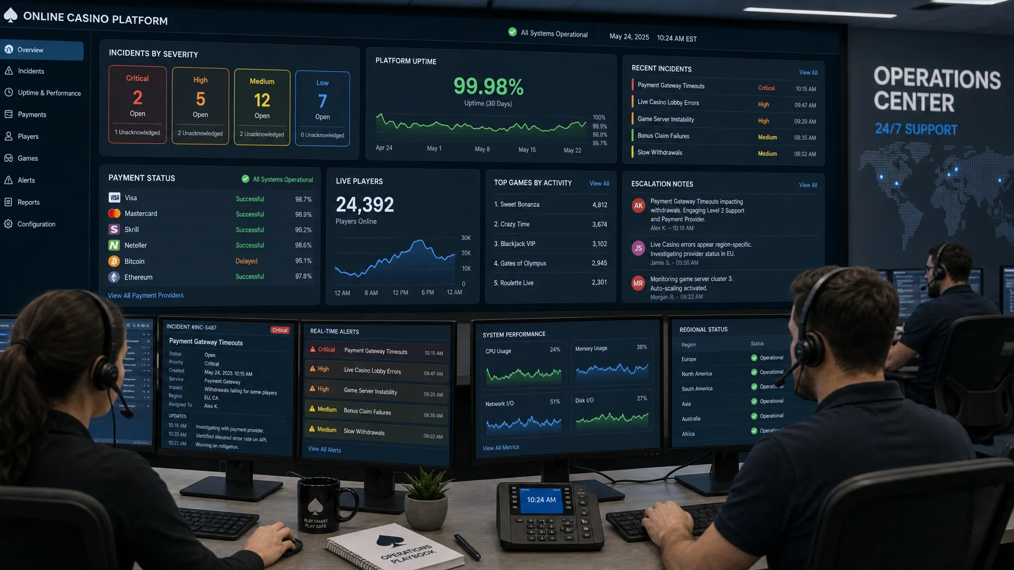 An operations center reviewing an online casino platform support dashboard with incident severity, uptime metrics, payment status, and escalation notes visible on correctly oriented screens.