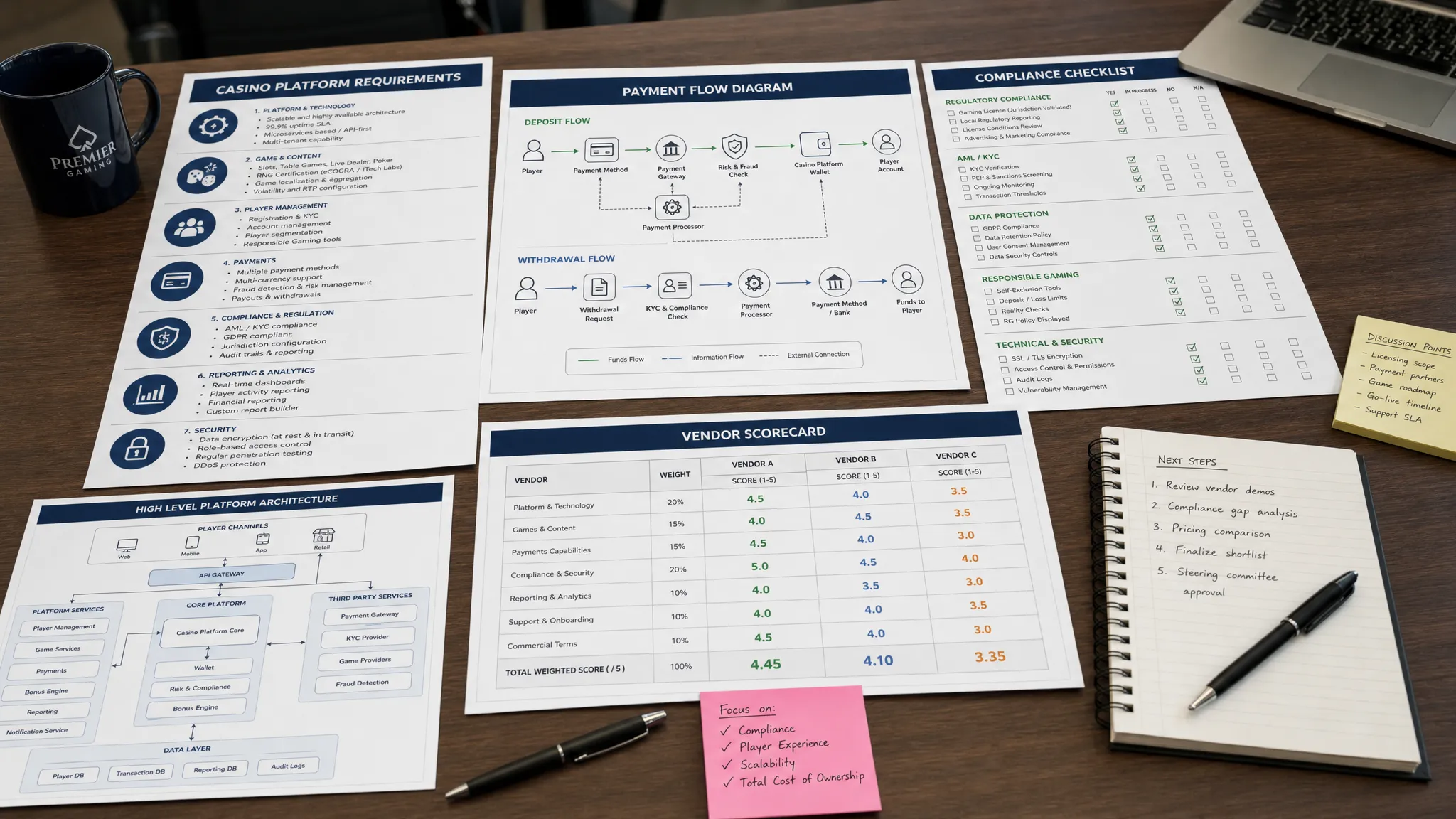 Printed casino platform requirements, payment flow diagrams, compliance checklists, and vendor scorecards spread across a meeting table for review.
