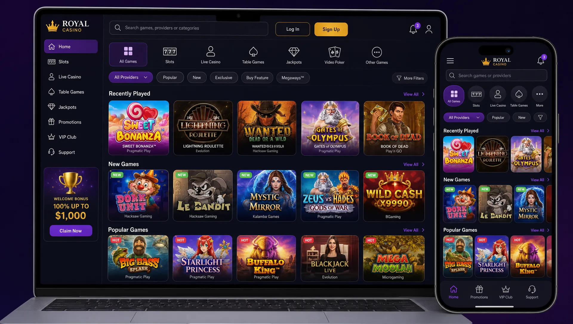 A casino game lobby interface displayed on a laptop and mobile phone, with screens facing the viewer, showing a search bar, category tabs, filter chips, and highlighted game tiles for recent, new, and popular games.