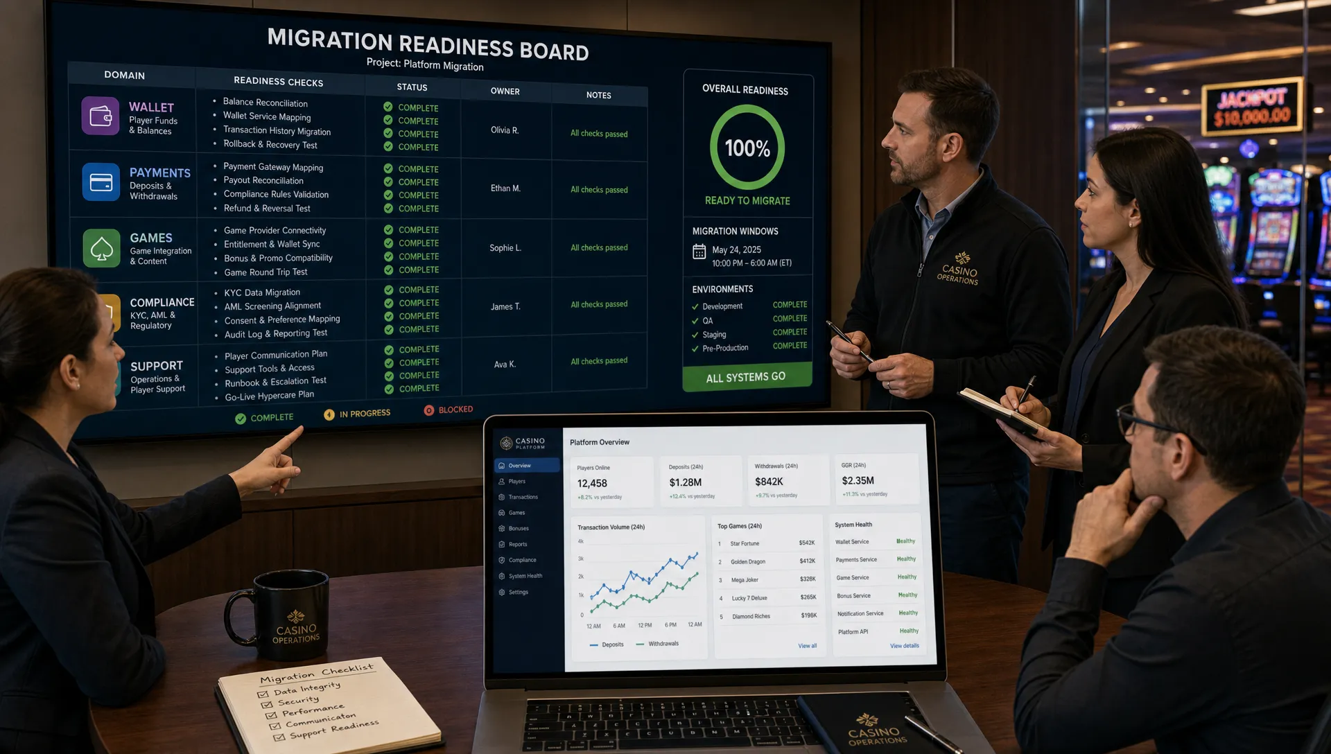 A casino operations team reviews a migration readiness board showing wallet, payments, games, compliance, and support checks, with a separate laptop screen facing the team and displaying a clean platform dashboard.