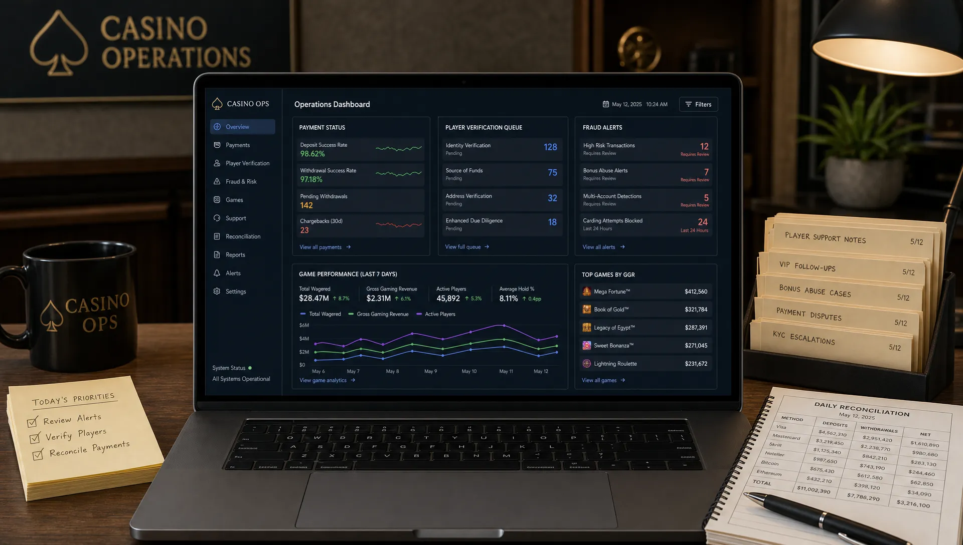 A casino operations workspace with a single backoffice dashboard on a laptop screen facing the viewer, showing payment status, player verification queues, fraud alerts, and game performance metrics beside stacked support notes and a reconciliation sheet, with no people visible.
