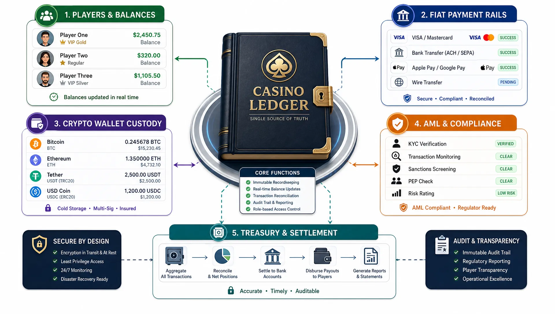 A clean conceptual illustration of a central casino ledger connecting player balances, fiat payment rails, crypto wallet custody, AML checks, and treasury settlement, shown as a top-down operations diagram with separate connected modules around a central record book.