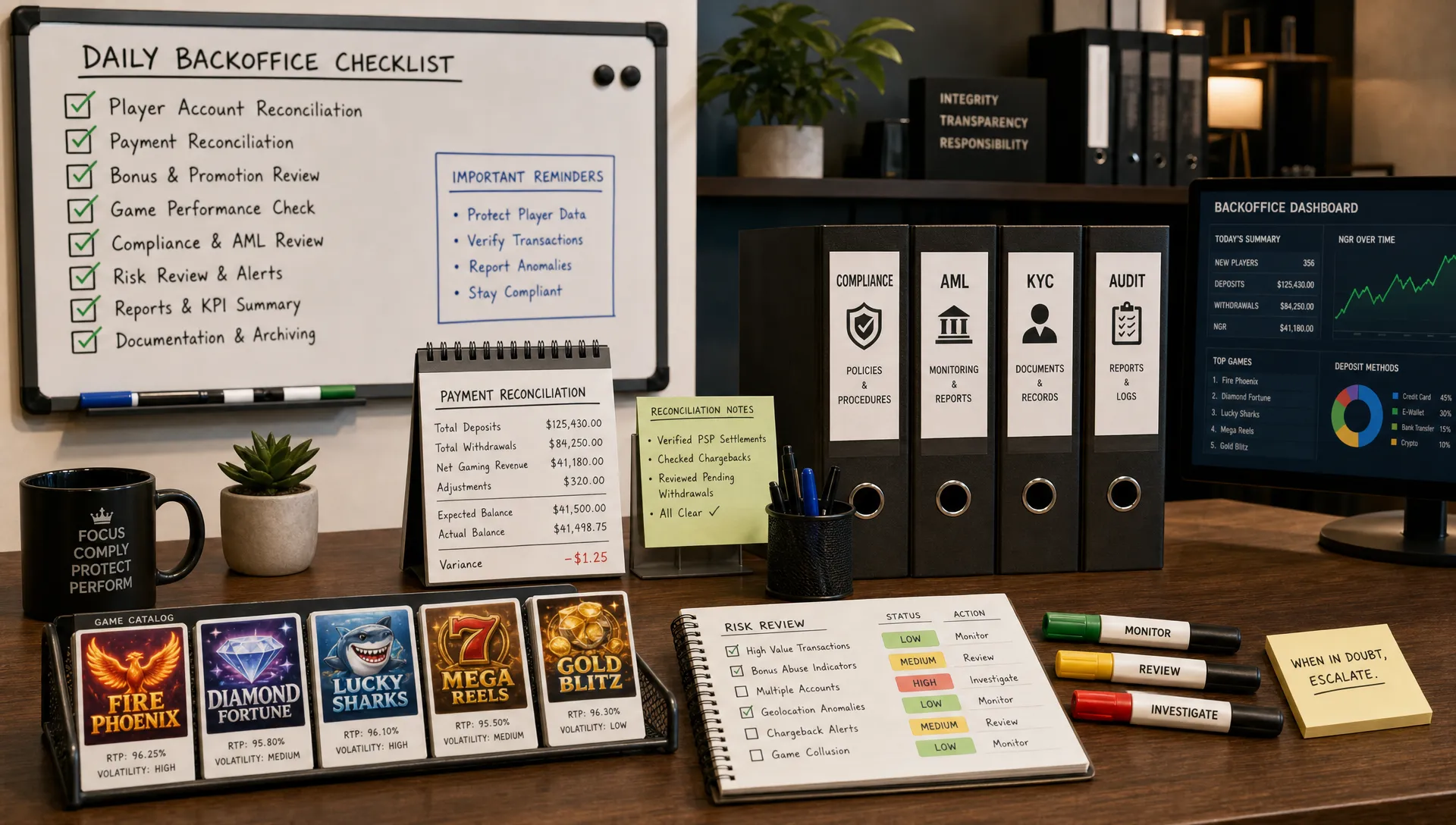 A compact casino backoffice desk with a checklist board, payment reconciliation notes, compliance folders, game catalog cards, and risk review markers arranged neatly in an office setting.
