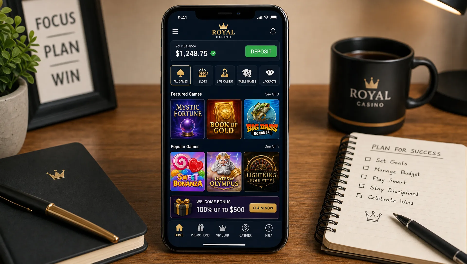 A front-facing smartphone screen oriented upright shows a clean mobile casino lobby with game tiles, a visible wallet balance, a simple deposit button, and thumb-friendly navigation, with a compact planning desk and notebook pages in the background.