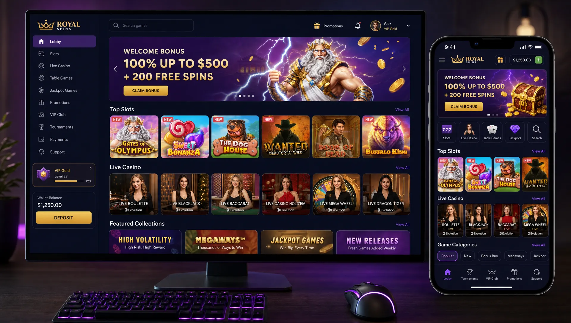 A game lobby displayed on a desktop monitor and a smartphone, showing organized rows of slot games, live casino games, featured collections, and filtered categories for different player preferences.