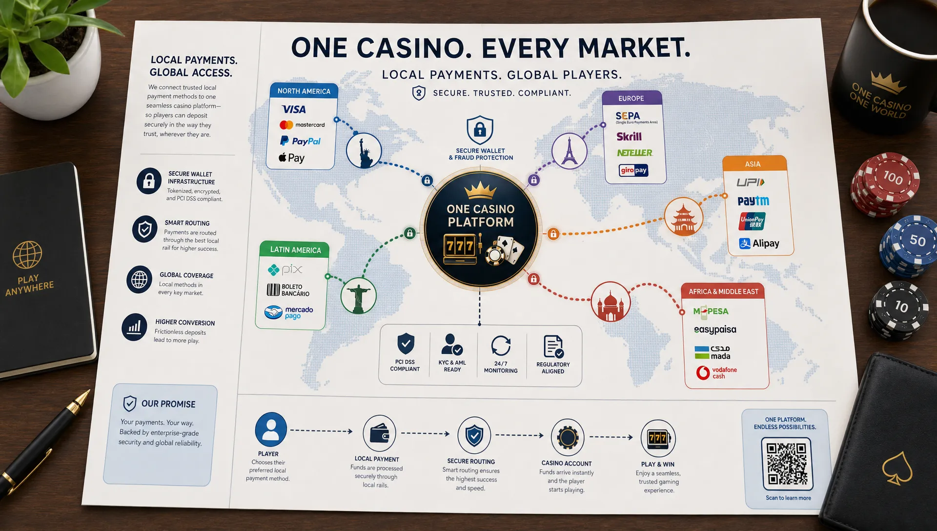 A global map with regional payment icons, secure wallet symbols, and connected cashier paths showing local payment methods flowing into one casino platform, viewed as a clean infographic spread on a desk with the map centered and route lines radiating to multiple markets.