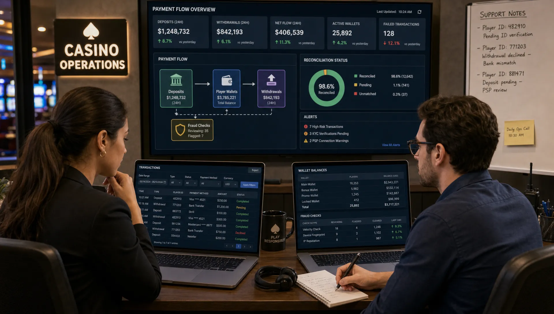 A medium view of a casino operations desk with two analysts reviewing a payment flow dashboard on laptop screens facing the camera, showing deposits, withdrawals, wallet balances, fraud checks, and reconciliation status, with support notes and transaction filters around them.
