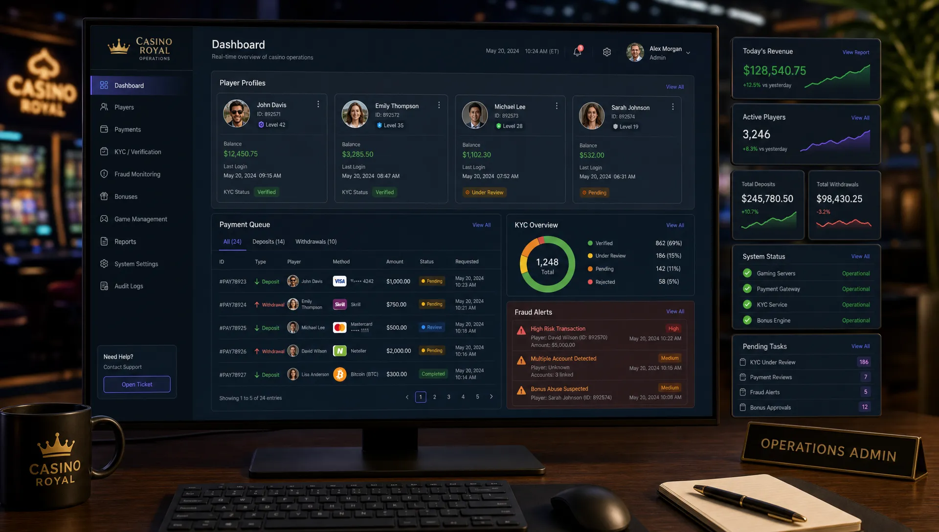 A modern casino operations workspace showing an admin dashboard with player profile cards, payment queues, KYC status indicators, and fraud alerts organized clearly across a single interface, viewed from slightly above with one main screen facing the camera and supporting status cards arranged beside it.