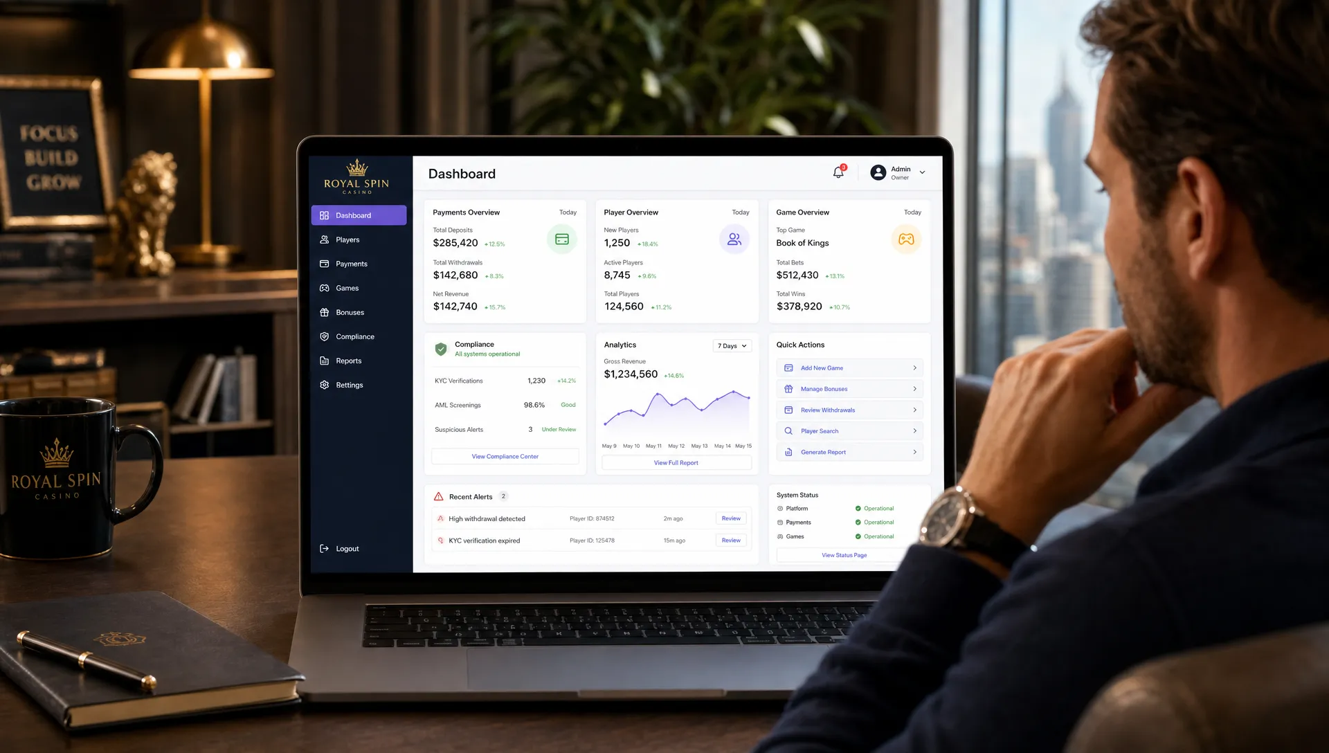 A non-technical casino founder reviewing a clean backoffice dashboard on a laptop screen facing the viewer, with payment, player, game, compliance, and analytics panels arranged clearly for quick decisions.