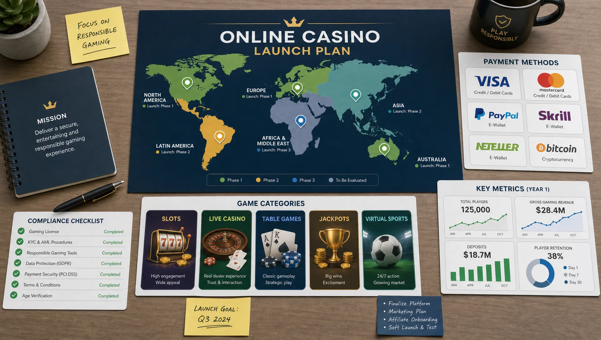 A planning table with a regional market map, payment method cards, a compliance checklist, game category cards, and simple analytics charts arranged as launch materials for an online casino.
