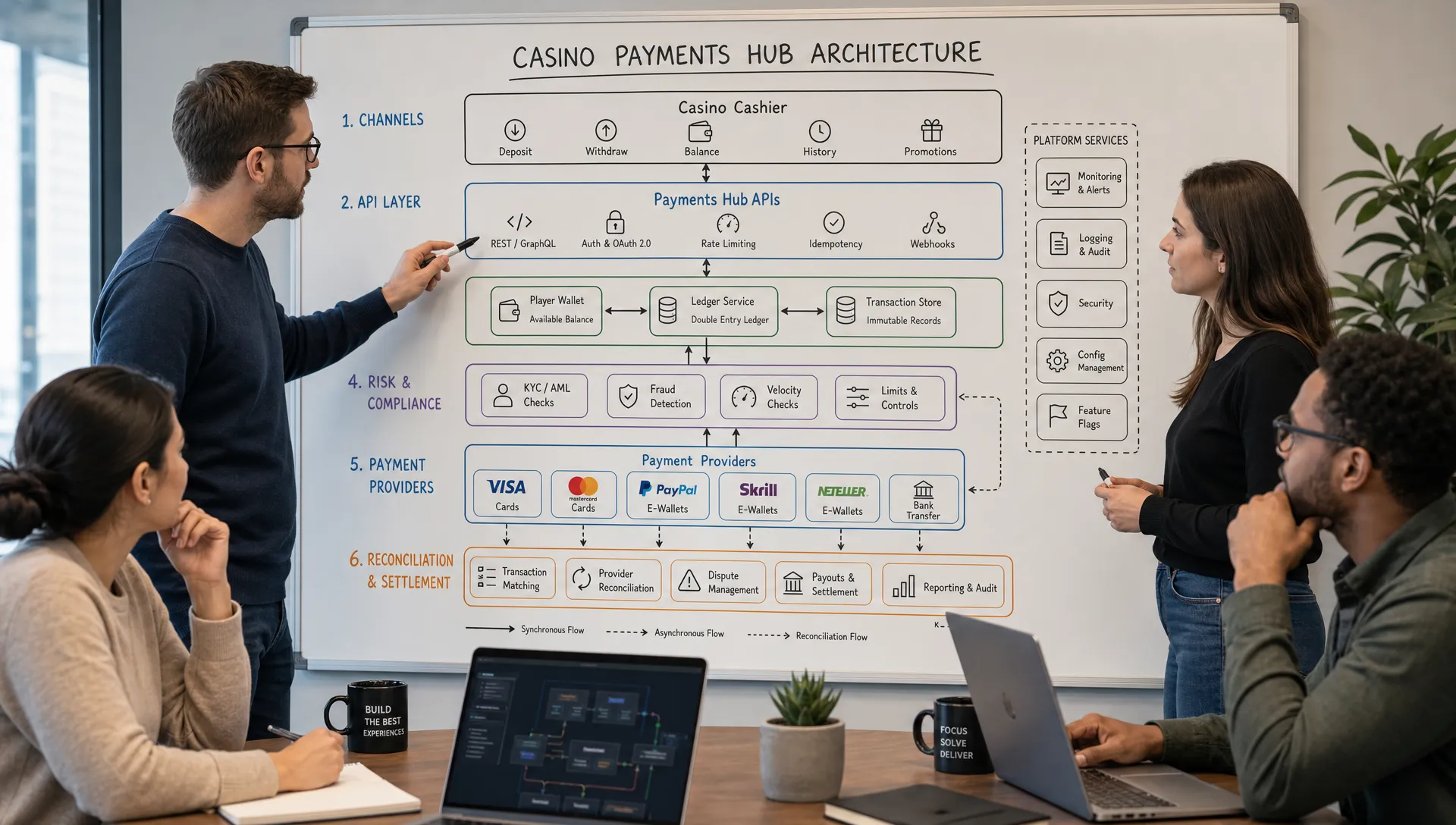 A product and engineering team reviewing a casino payments hub architecture on a whiteboard, showing connected layers for cashier, APIs, wallet ledger, risk checks, providers, and reconciliation.