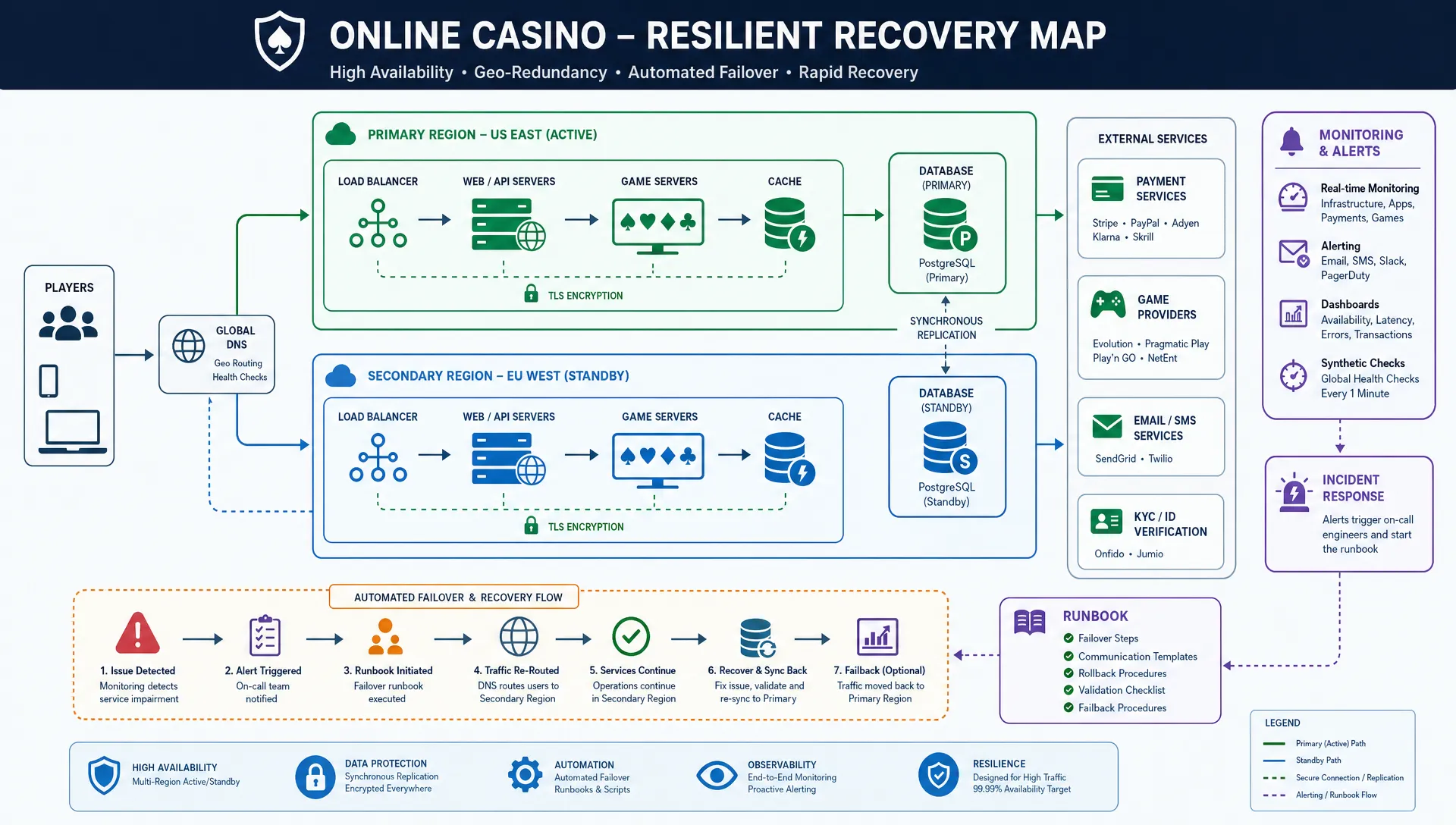 A resilient online casino recovery map showing two cloud regions, replicated databases, payment services, game providers, monitoring alerts, and a runbook linked across the systems in a clear operational flow.