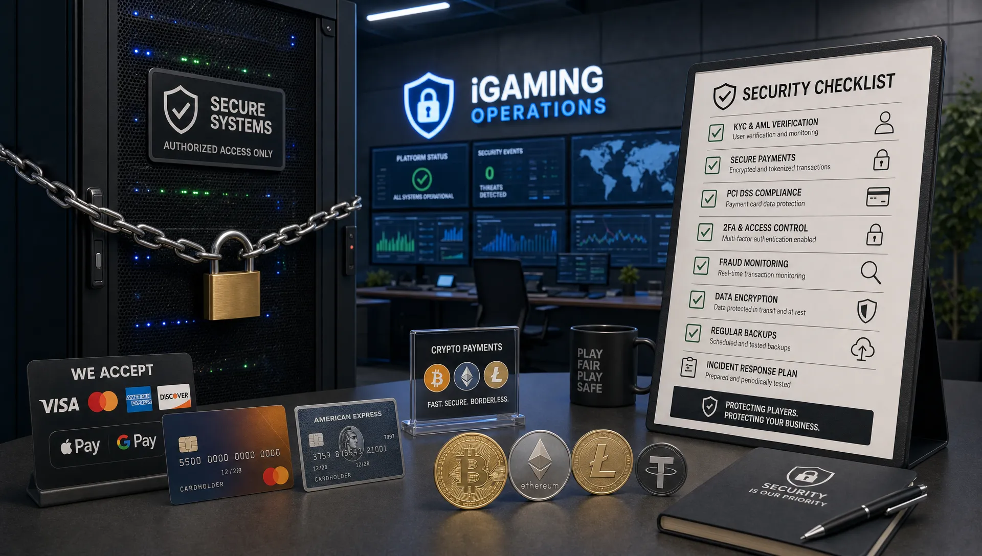 A secure iGaming operations scene with a locked server rack, payment cards, crypto tokens, and a printed security checklist on a standing board in a monitored control room, representing protected casino payments and platform controls.