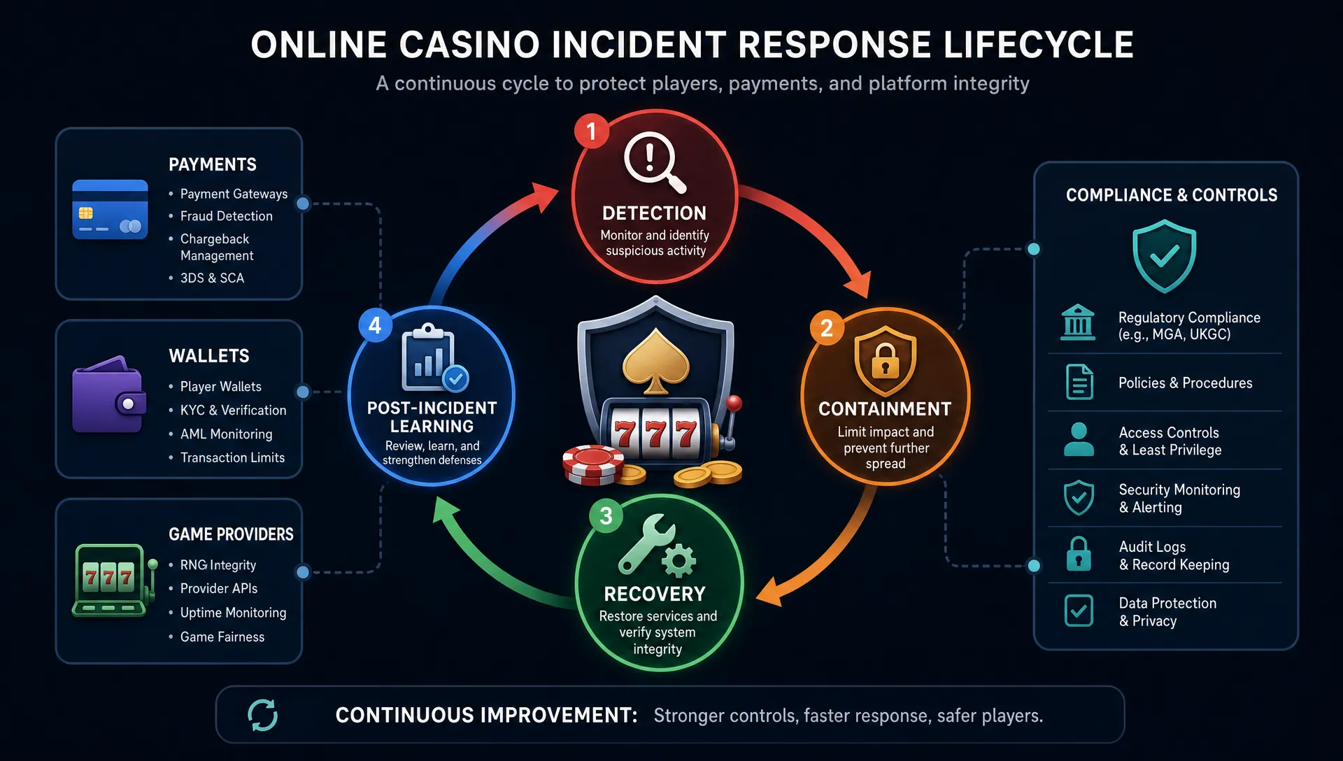 A simple four-phase incident response lifecycle diagram for an online casino, showing detection, containment, recovery, and post-incident learning connected in a loop around payments, wallets, game providers, and compliance controls.