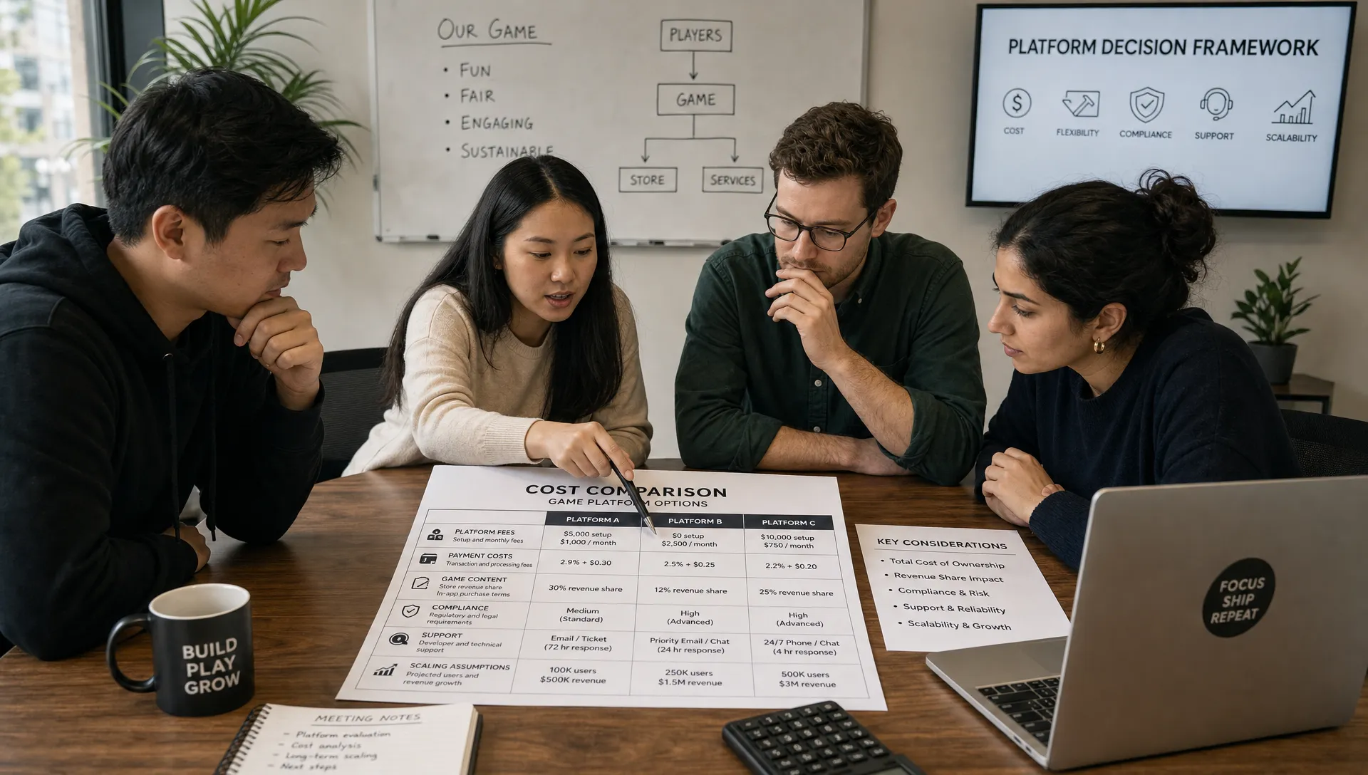 A startup team reviewing printed cost comparison sheets on a table, with columns for platform fees, payment costs, game content, compliance, support, and scaling assumptions, in a meeting room with a laptop and calculator nearby.