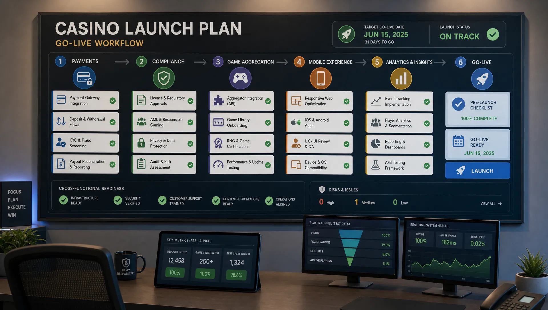 A structured casino launch planning board with cards for payments, compliance, game aggregation, mobile experience, and analytics arranged as a clear go-live workflow on a wall-mounted planning surface in a control room.