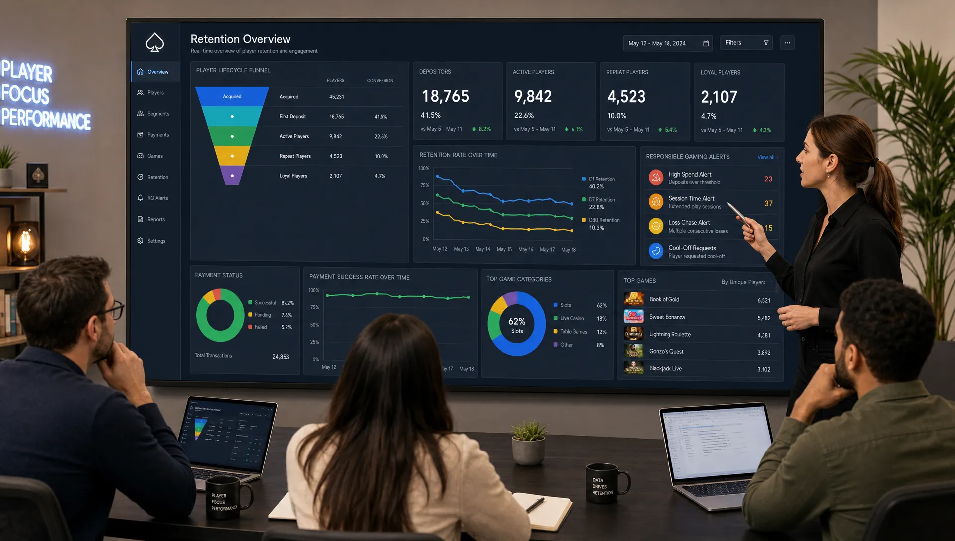 An iGaming operations team reviews a casino retention dashboard on a large wall display facing the team, showing player lifecycle metrics, payment status, game preferences, and responsible gaming alerts.