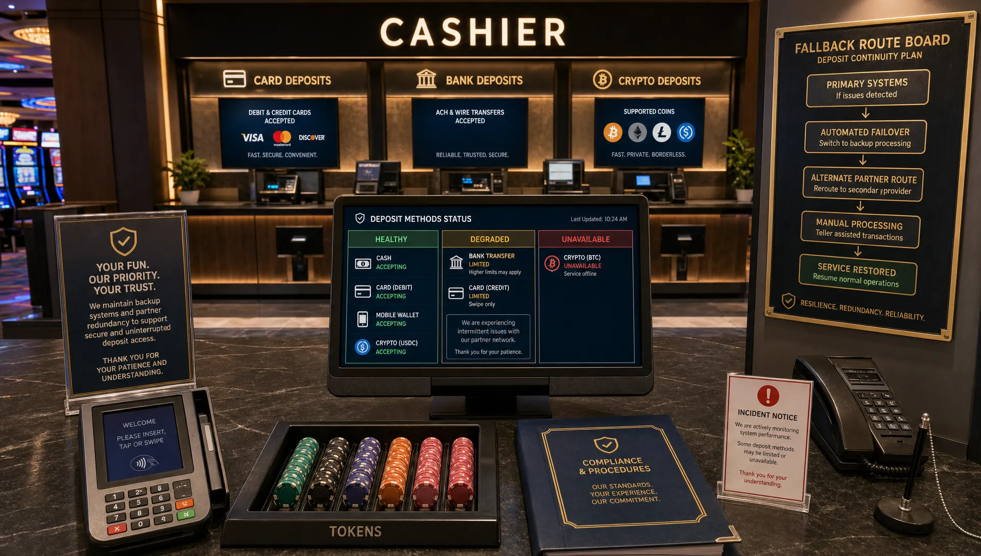 A casino cashier area shows fallback payment routes and deposit status during a PSP outage.