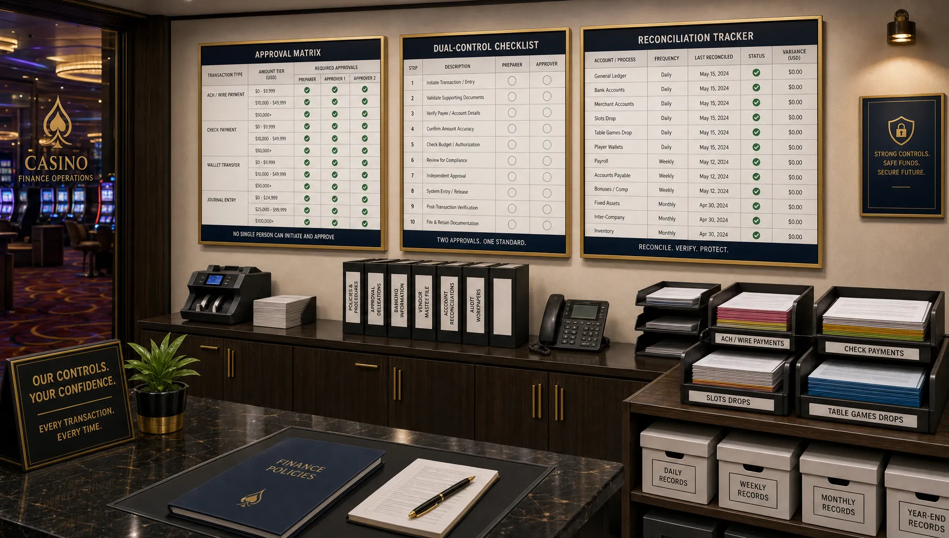A casino finance operations room displays approval rules, dual control checks, and reconciliation tracking.
