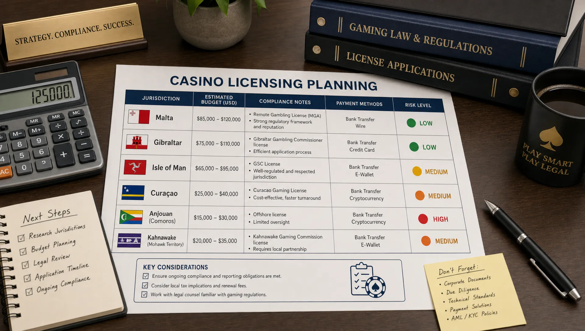 A casino licensing planning table shows jurisdiction names, budget ranges, compliance notes, payment methods, and risk markers beside a calculator and legal folders.