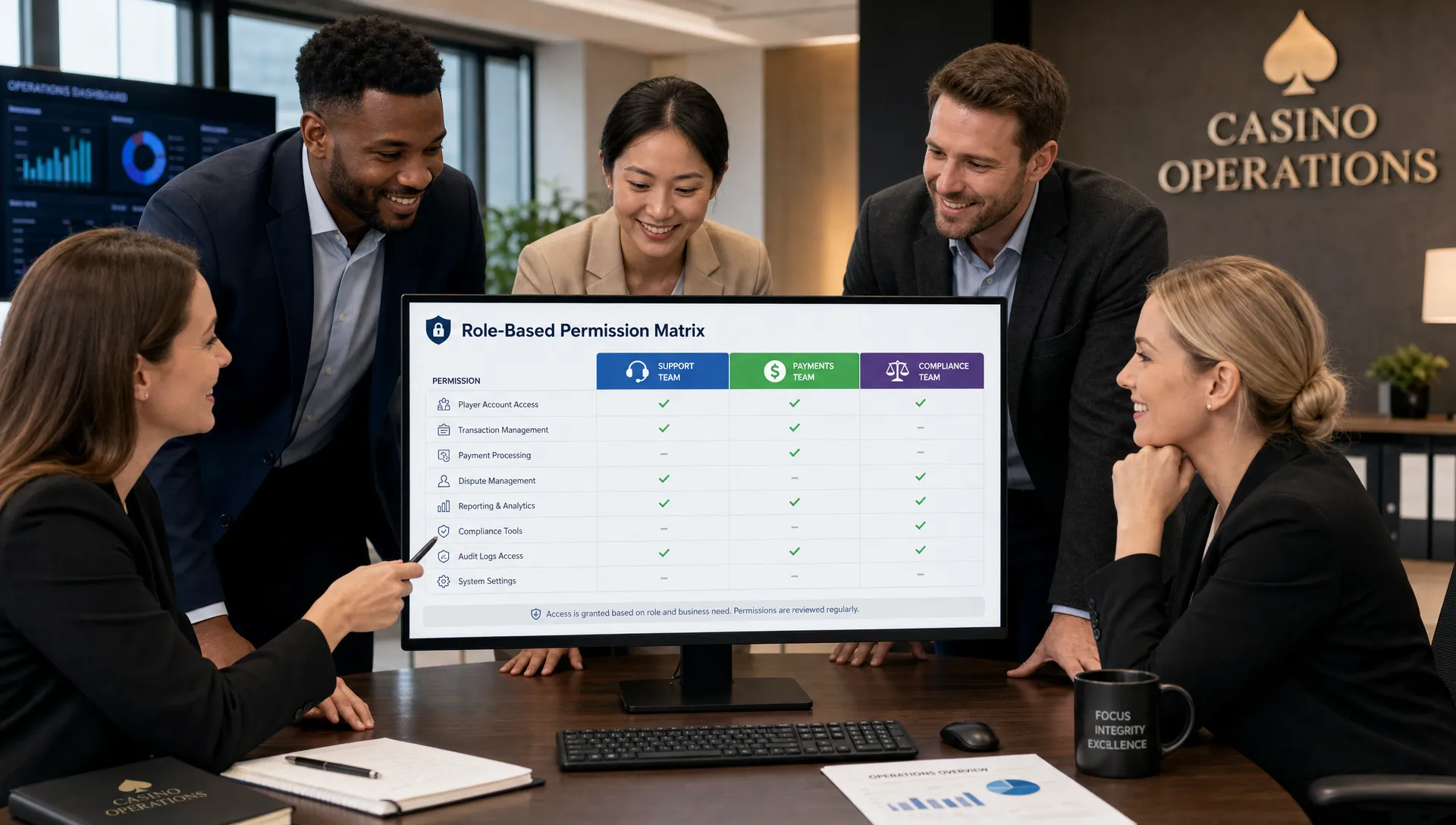 A casino operations team stands around a desktop monitor showing a clean permission matrix, with support, payments, and compliance roles separated clearly and no readable personal data on screen. The screen faces the viewer in a modern office setting.