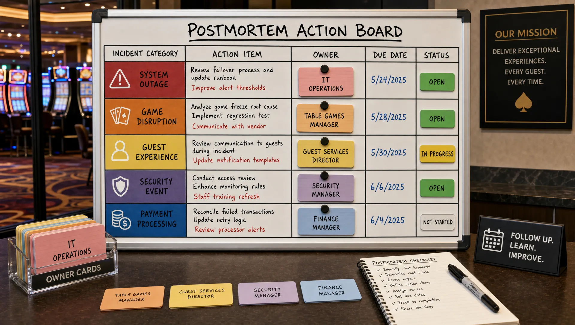 A casino operations workspace shows a physical action board, incident categories, owner cards, and due dates for postmortem follow-up tasks.