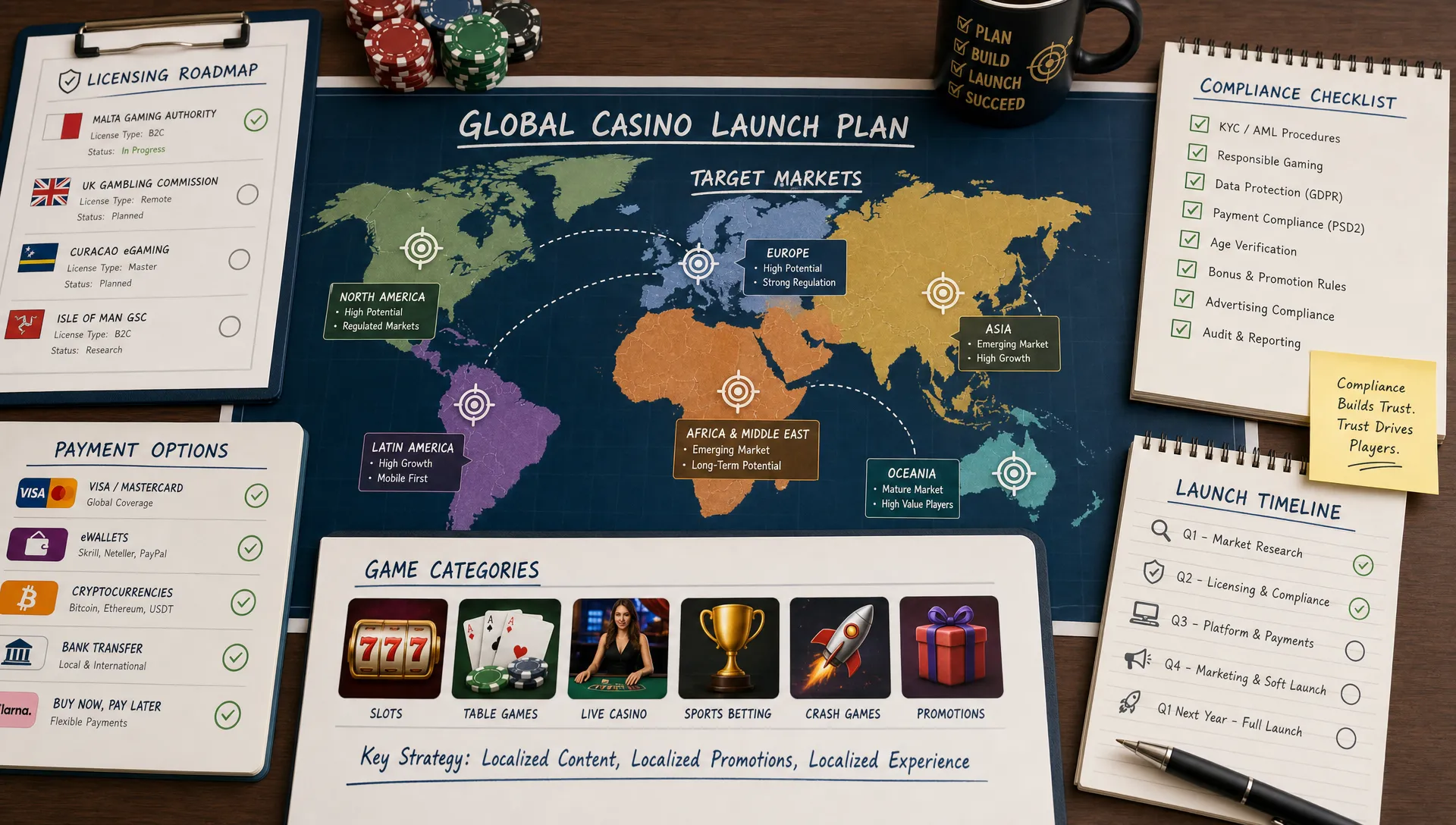 A casino planning table with a world map, licensing documents, payment options, game categories, and compliance checklists arranged around target markets.