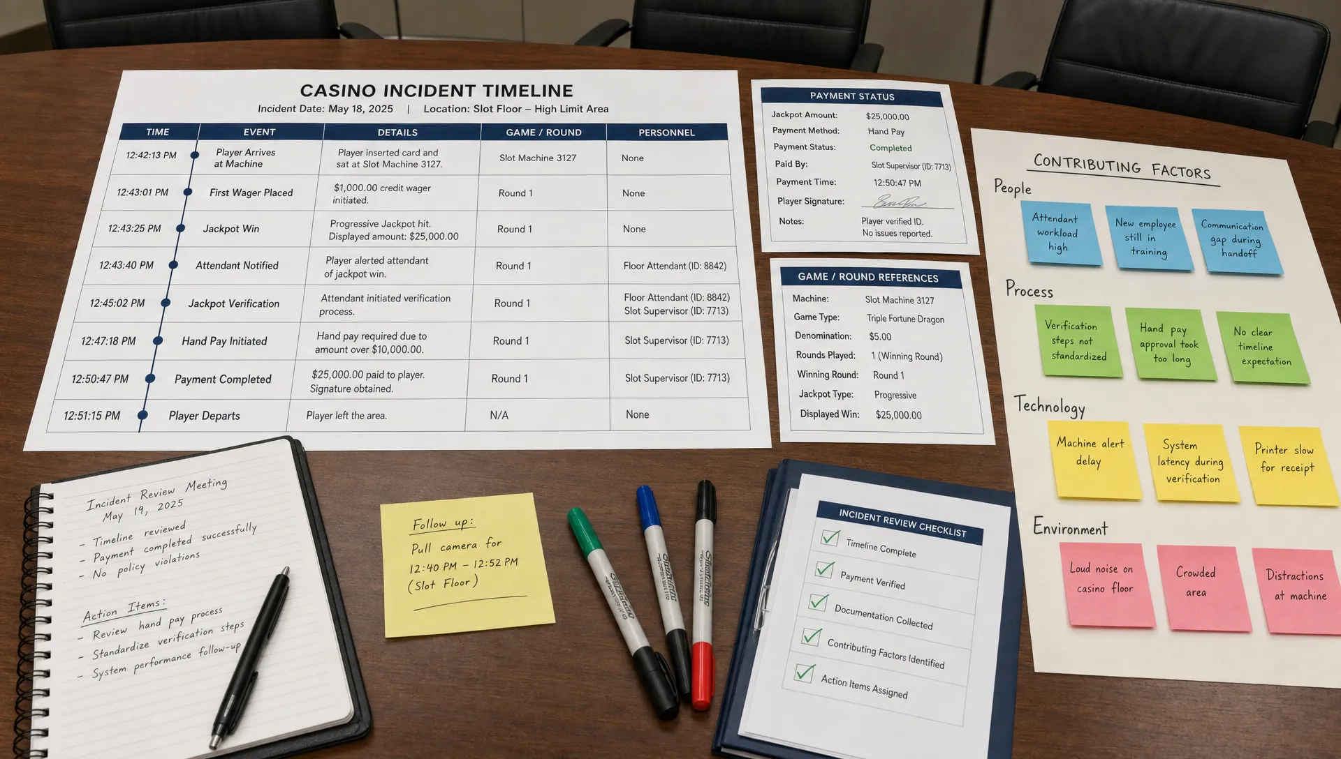 A conference room table shows a printed casino incident timeline, payment status notes, game round references, and colored sticky notes grouped by contributing factor.