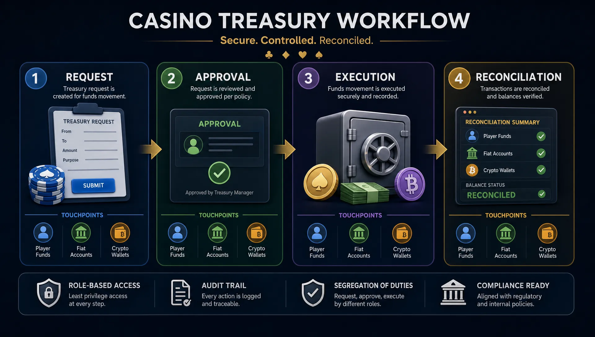 A four-step casino treasury workflow shows request, approval, execution, and reconciliation checkpoints for player funds, fiat accounts, and crypto wallets.