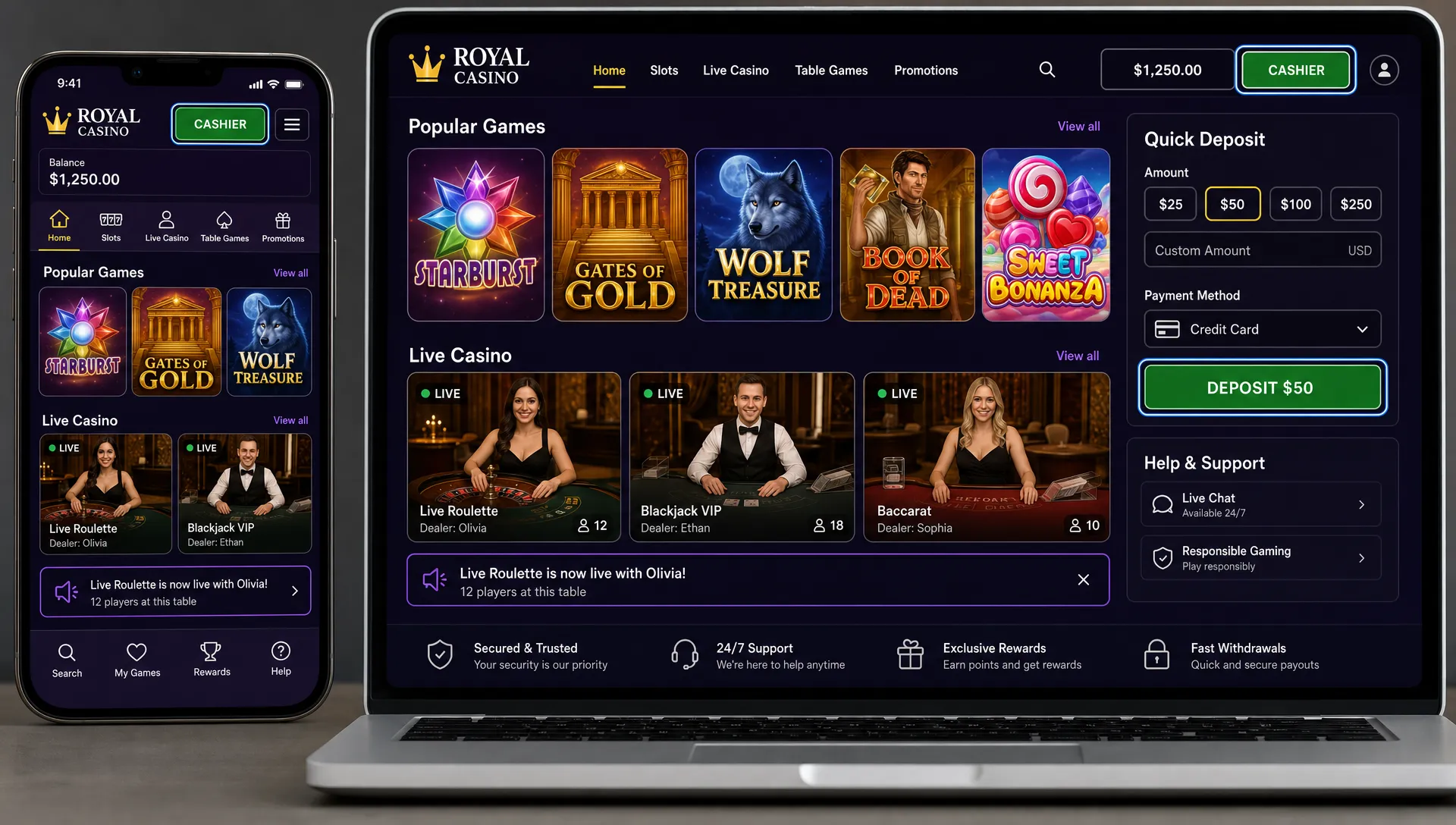 A mobile phone and laptop showing an accessible online casino interface with clear game cards, visible keyboard focus outlines, large cashier buttons, plain form labels, and captioned live casino status messages. The screens face forward and display only the casino interface.